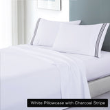 V517-EBMF1000-KWCHA-94512-00 white soft microfibre sheet set with colourful embroidered stripe king charcoal stripe - Image 1