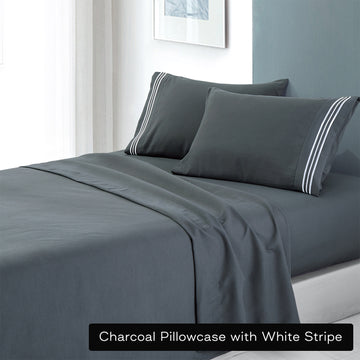 V517-EBMF1000-S-CHA-94518-00 soft microfibre embroidered stripe sheet set single charcoal pillowcase white stripe - Image 1