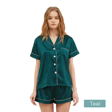 V517-PJSHORT-S-TE-94706-00 2pc satin short women pajamas set small teal - Image 1