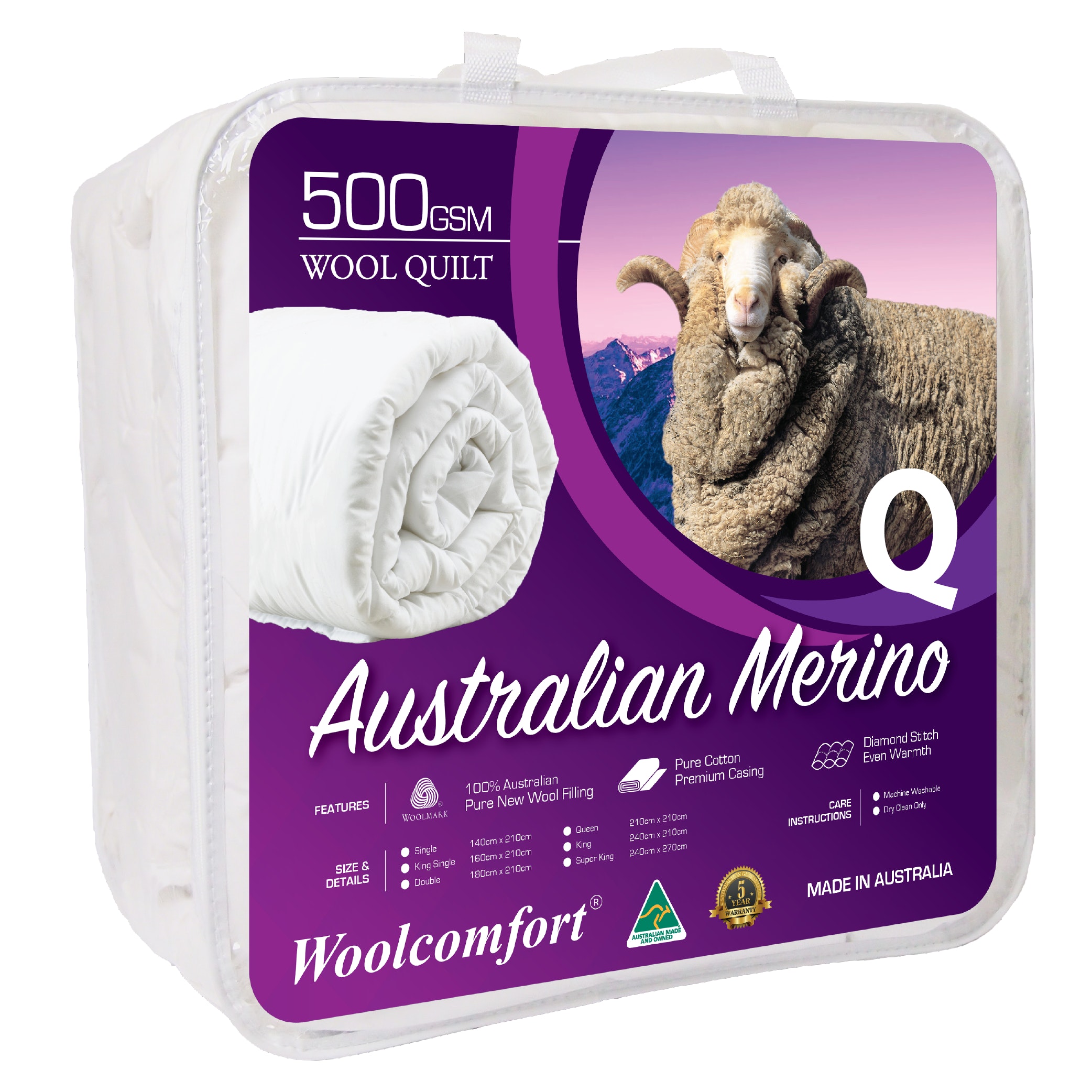 V535-JAPARA-WQ-500G-Q-90029-00 Woolcomfort Aus Made Merino Wool Quilt 500GSM 210x210cm Queen Size - Image 1