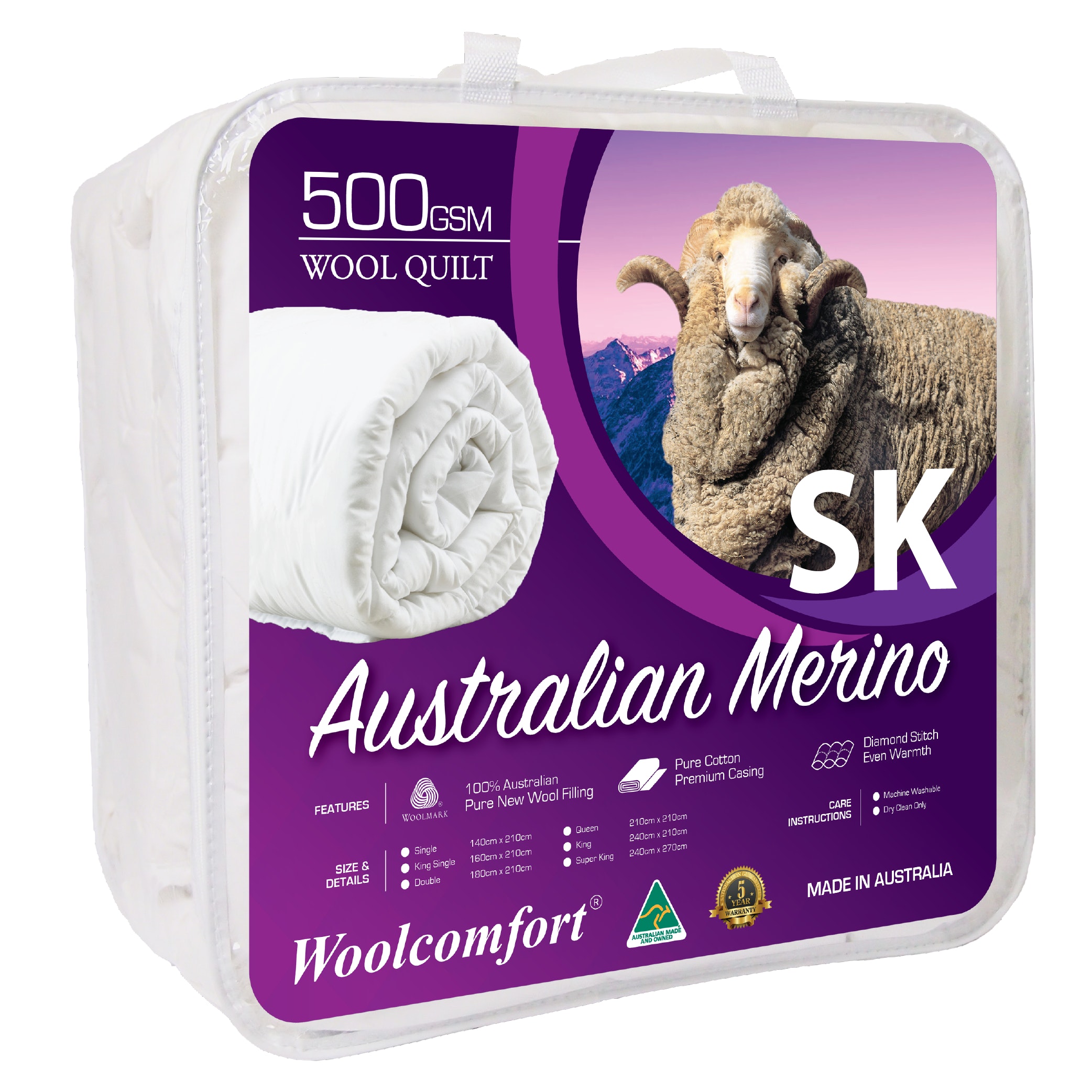 V535-JAPARA-WQ-500G-SK-90027-00 Woolcomfort Aus Made Merino Wool Quilt 500GSM 270x240cm Super King Size - Image 1