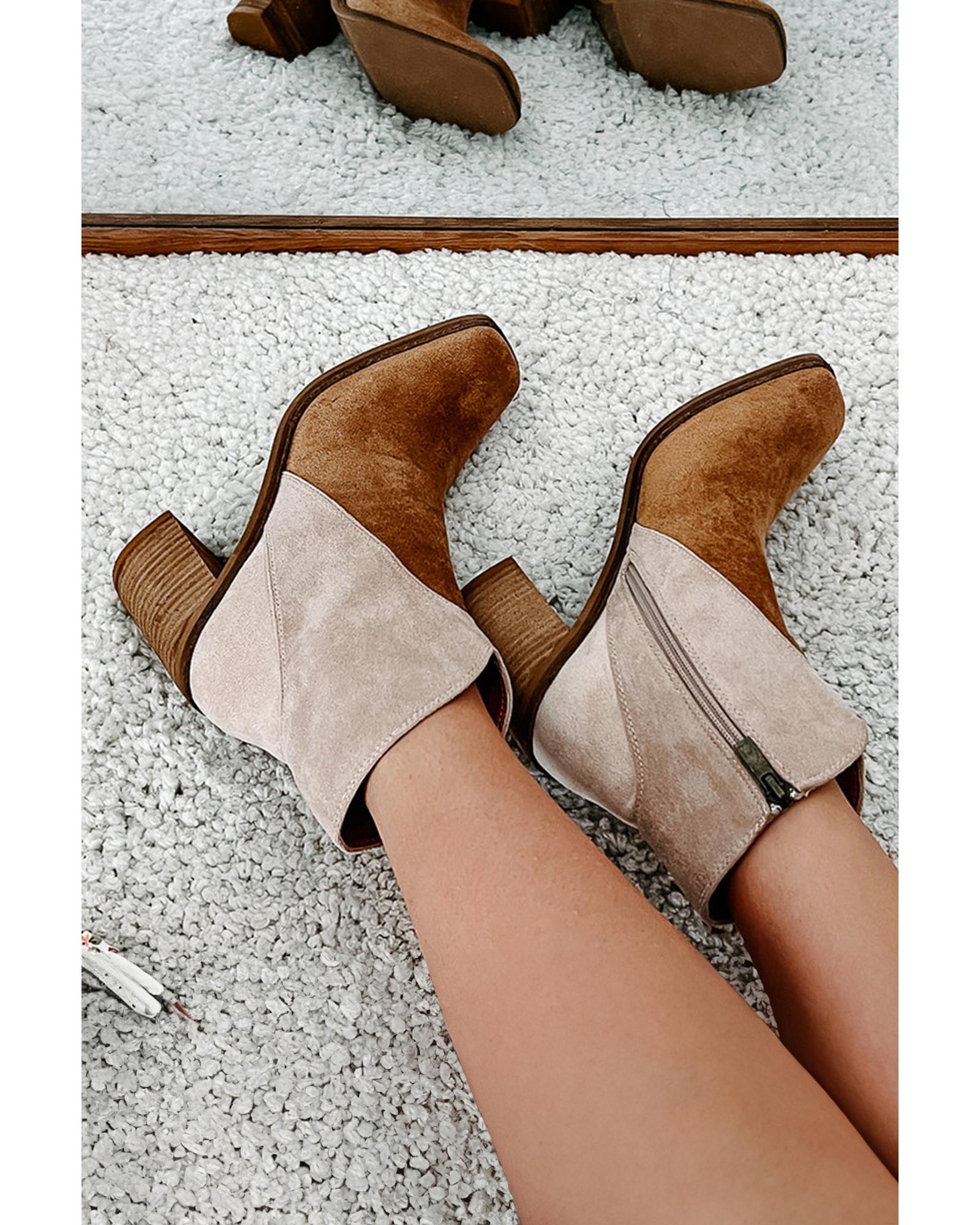 V539-AZEXBH023085-P1016-42-202508271040-00 Camel Two Tone Faux Suede Square Toe Chunky Heel Boots - 42 EU - Image 1
