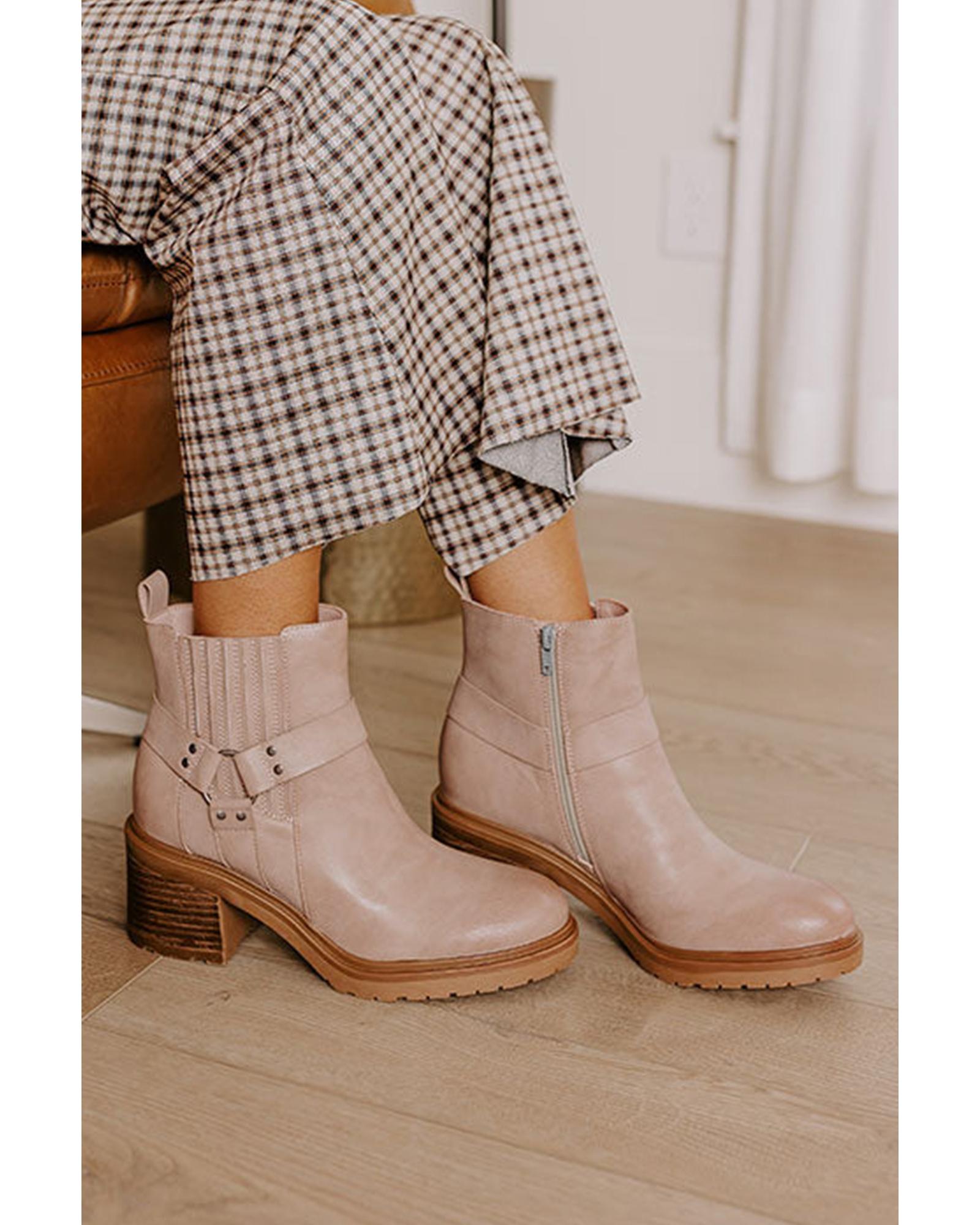 V539-AZEXBH023283-P15-37-202506111916-00 Beige Ring Linked Zipper Chunky Heel Ankle Boots - 37 EU - Image 1