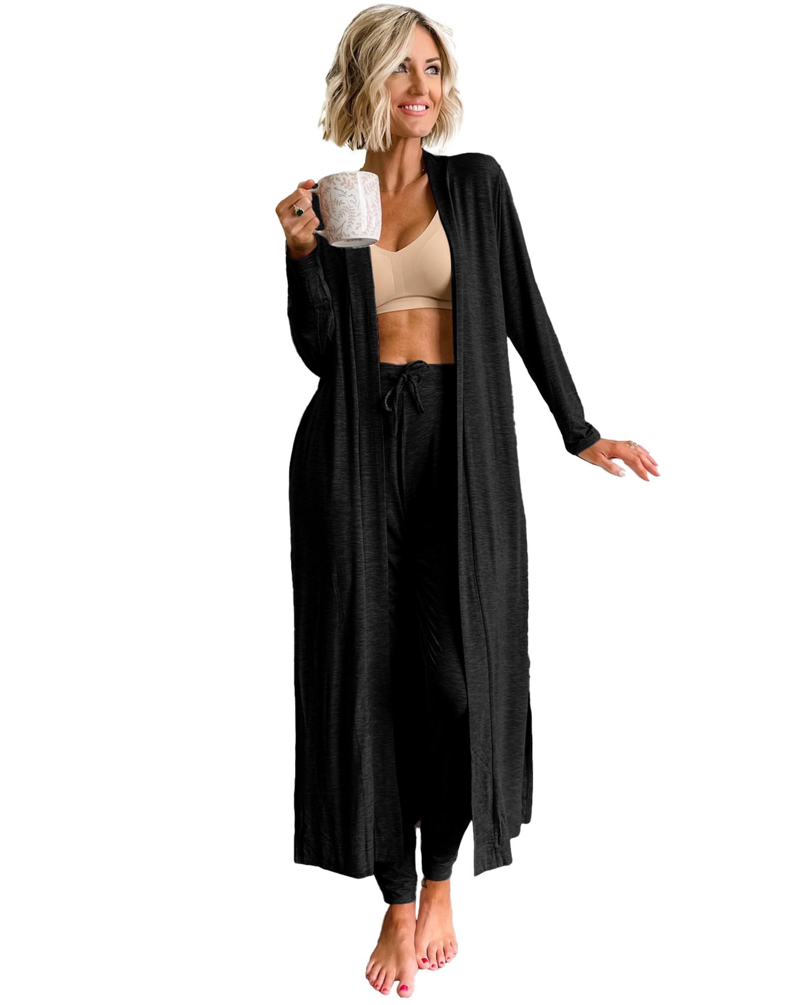 V539-AZEXDC151022-P2-L-202508272150-00 Black Split Long Cardigan and Skinny Pants Lounge Set - L - Image 1