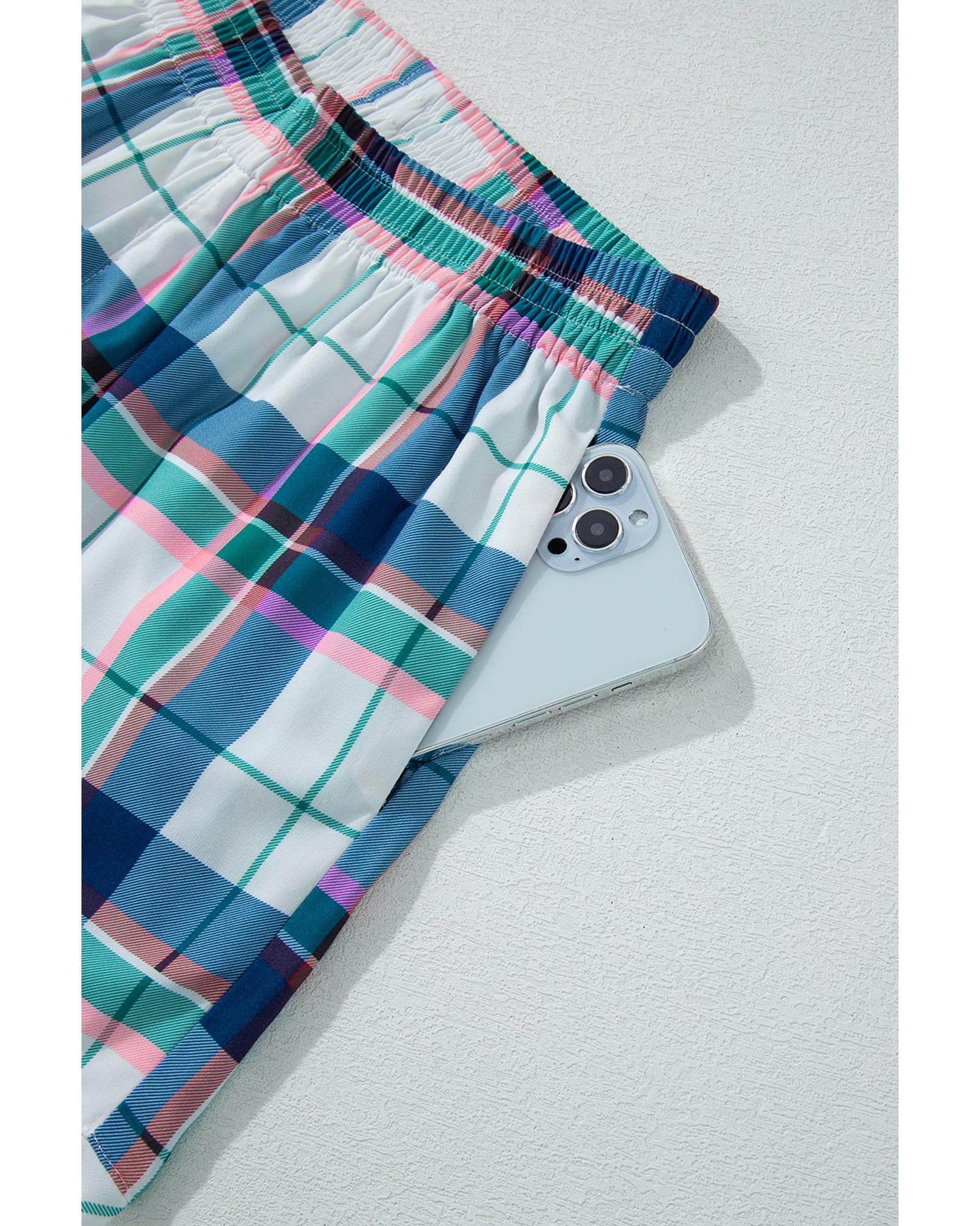 V539-AZEXDC151028-P520-S-202506112051-00 Blue Plaid Print Shirt and Shorts 2Pcs Lounge Set - S - Image 1