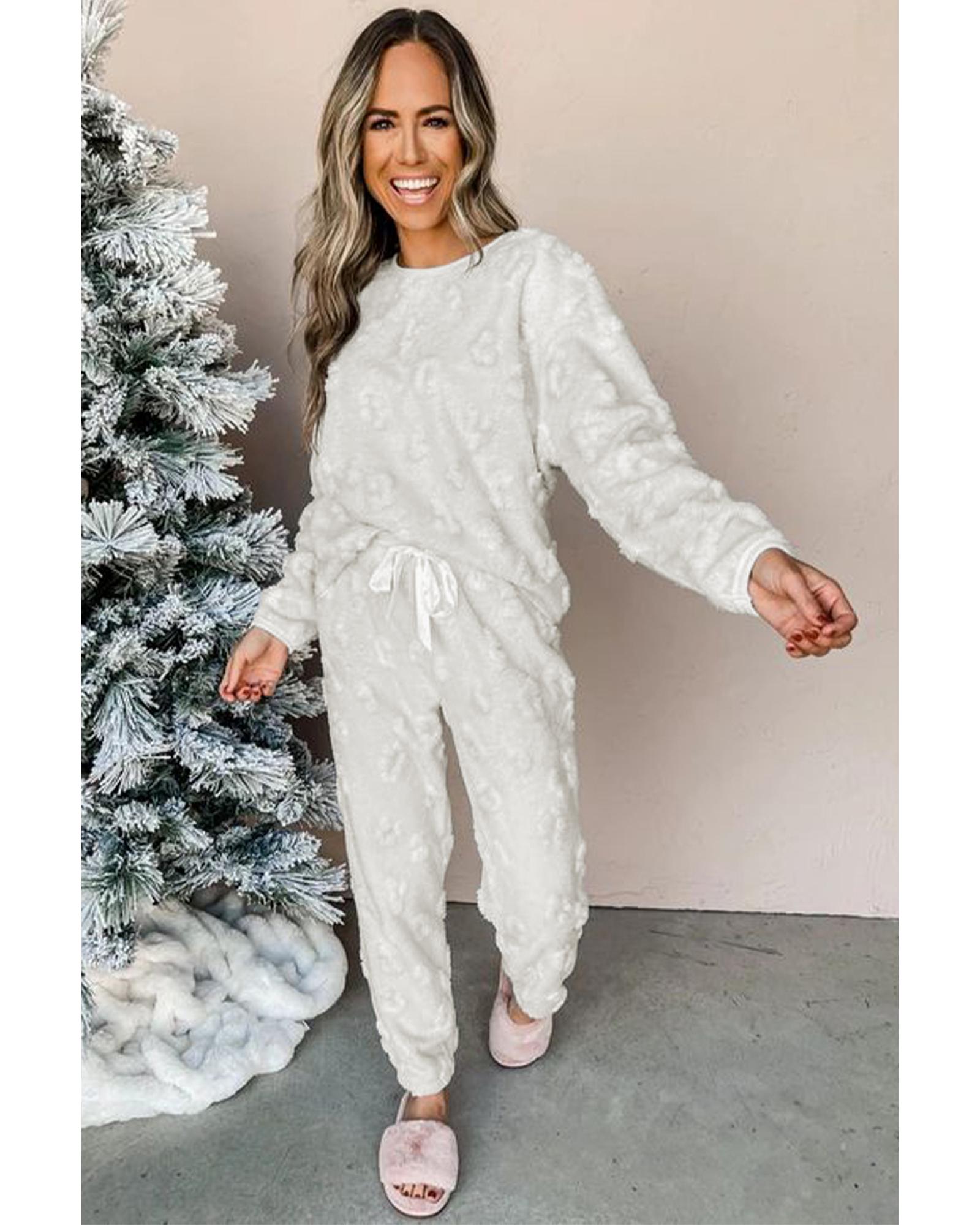 V539-AZEXDC151055-P1011-XL-202508271440-00 Light Grey Leopard Textured Loose Fit Fleece Lounge Set - XL - Image 1