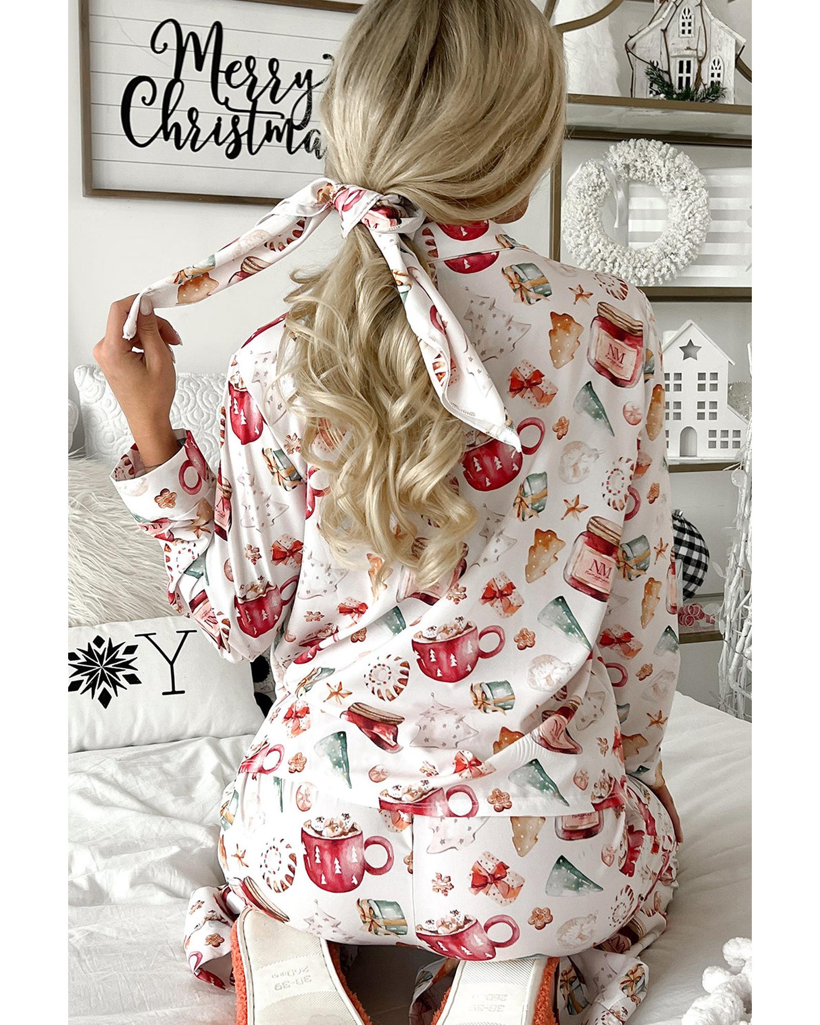 V539-AZEXDC151058-P1-M-202508272205-00 White Christmas Pattern Long Sleeve Shirt and Pants Pajama Set - M - Image 1