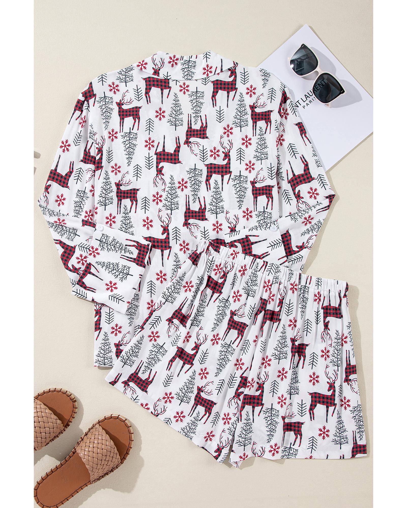 V539-AZEXDC151059-P1-L-202508270345-00 White Christmas Deer Printed Shirt and Shorts Lounge Set - L - Image 1