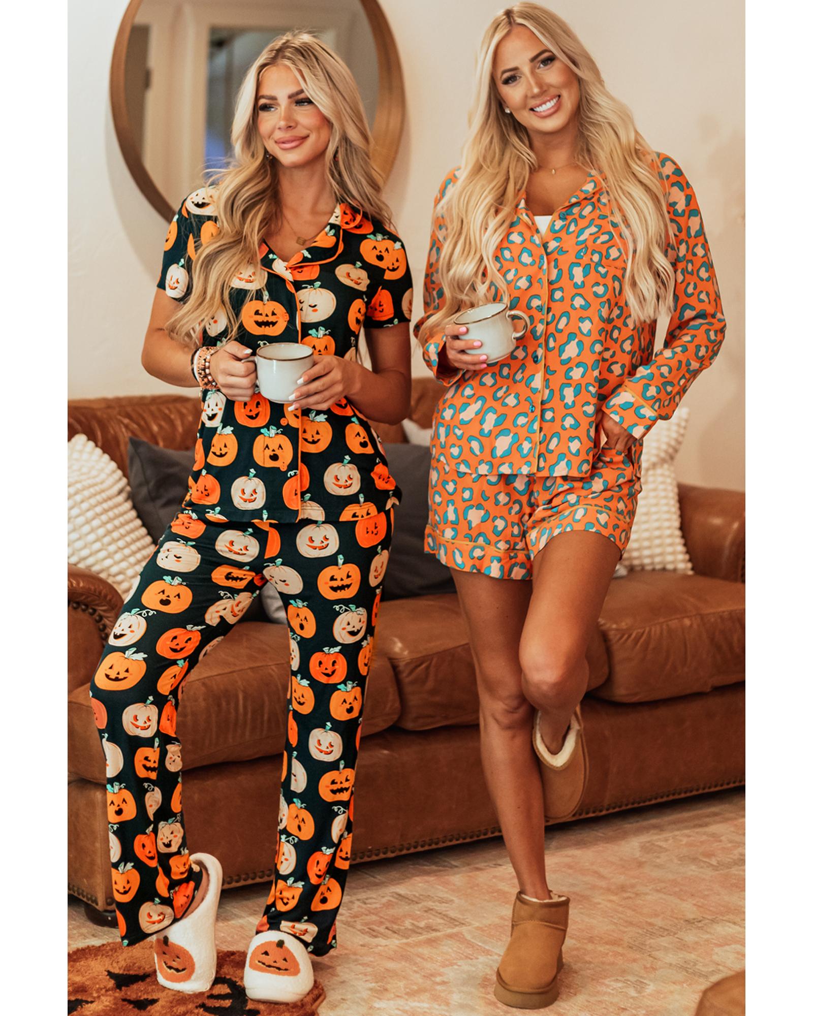 V539-AZEXDC151065-P1420-M-202508272210-00 Orange Halloween Pattern Short Sleeve Shirt Pajama Set - M - Image 1