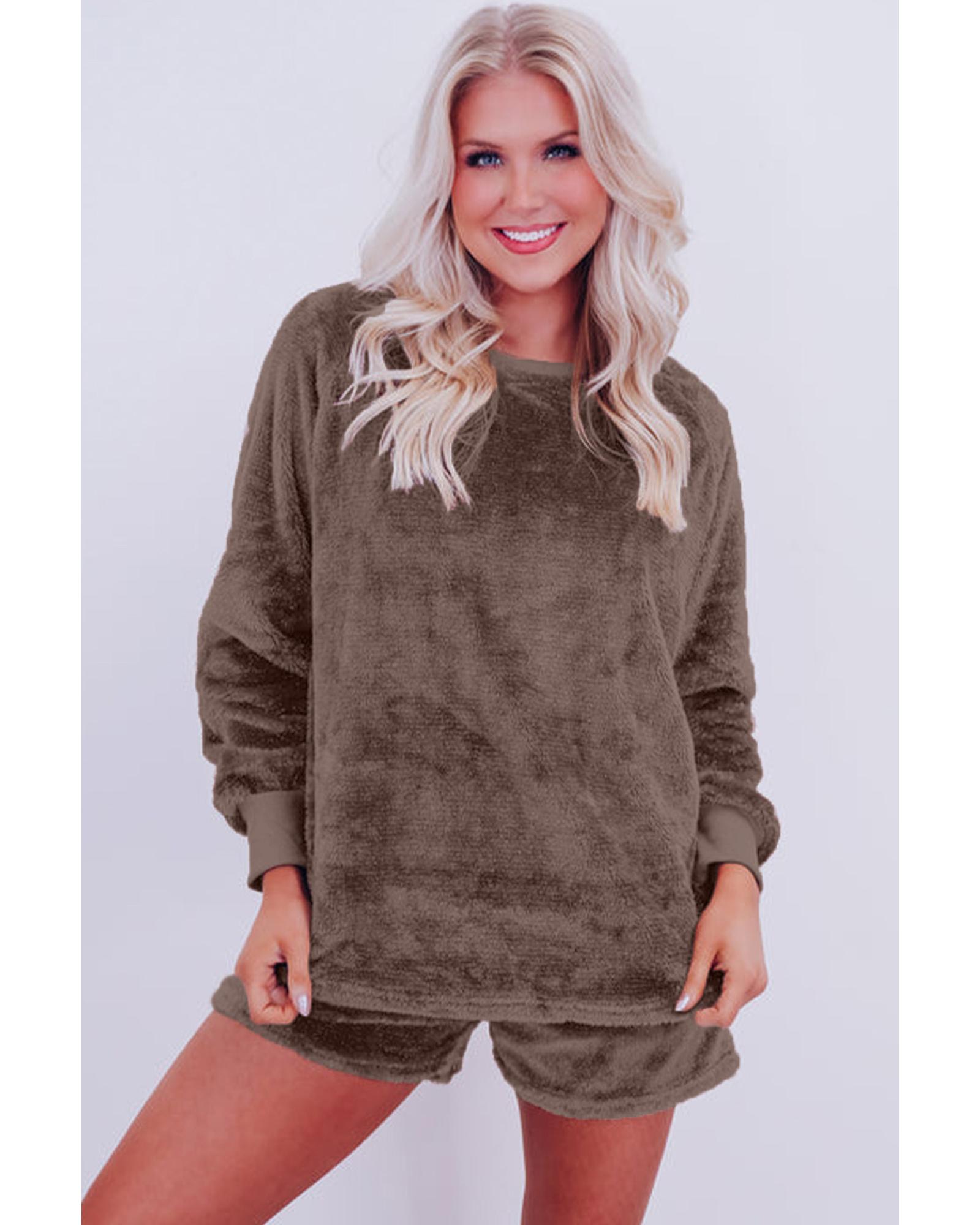 V539-AZEXDC151068-P1017-2XL-202508280035-00 Coffee Solid Loose Fit Two Piece Fleece Lounge Set - 2XL - Image 1