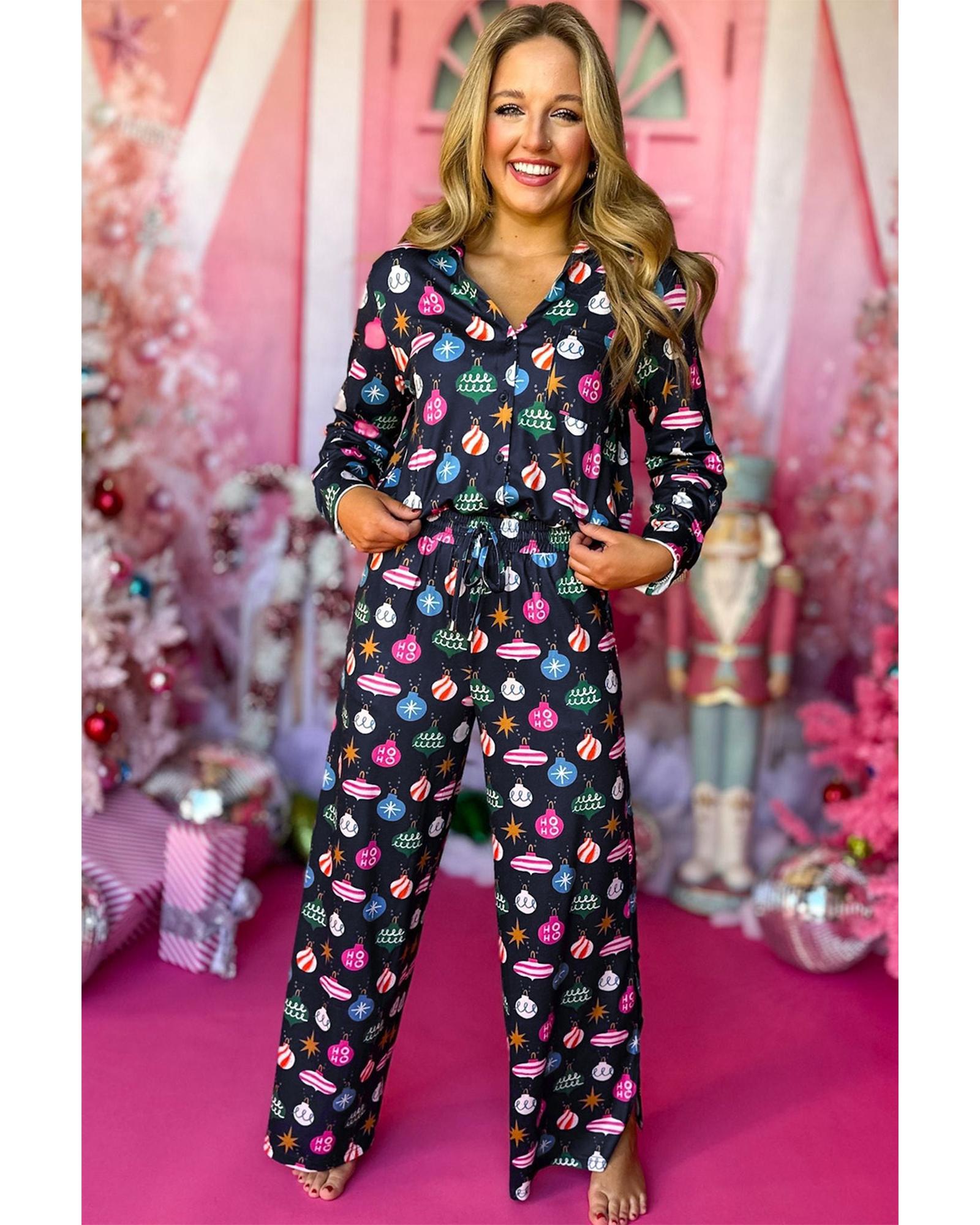 V539-AZEXDC151129-P605-XL-202508271135-00 Navy Blue Colorful Christmas Lights Print Shirt and Pants Pajama Set - XL - Image 1