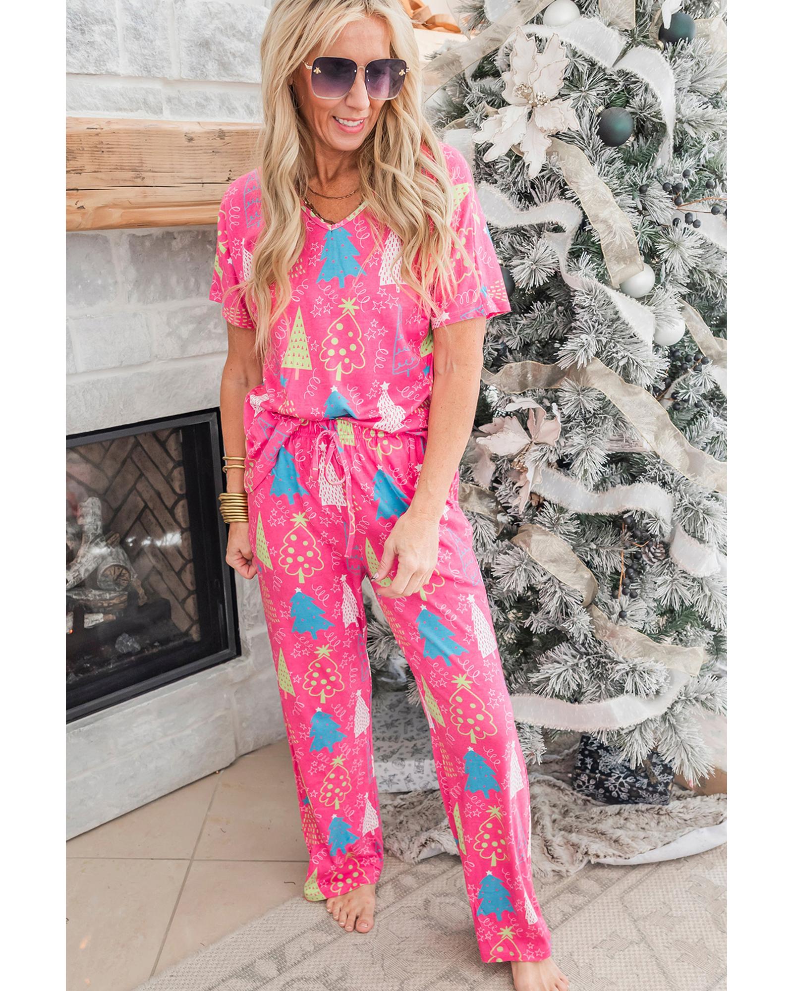 V539-AZEXDC151137-P620-XL-202508271700-00 Rose Christmas Tree Print V Neck Tee and Pants Lounge Set - XL - Image 1