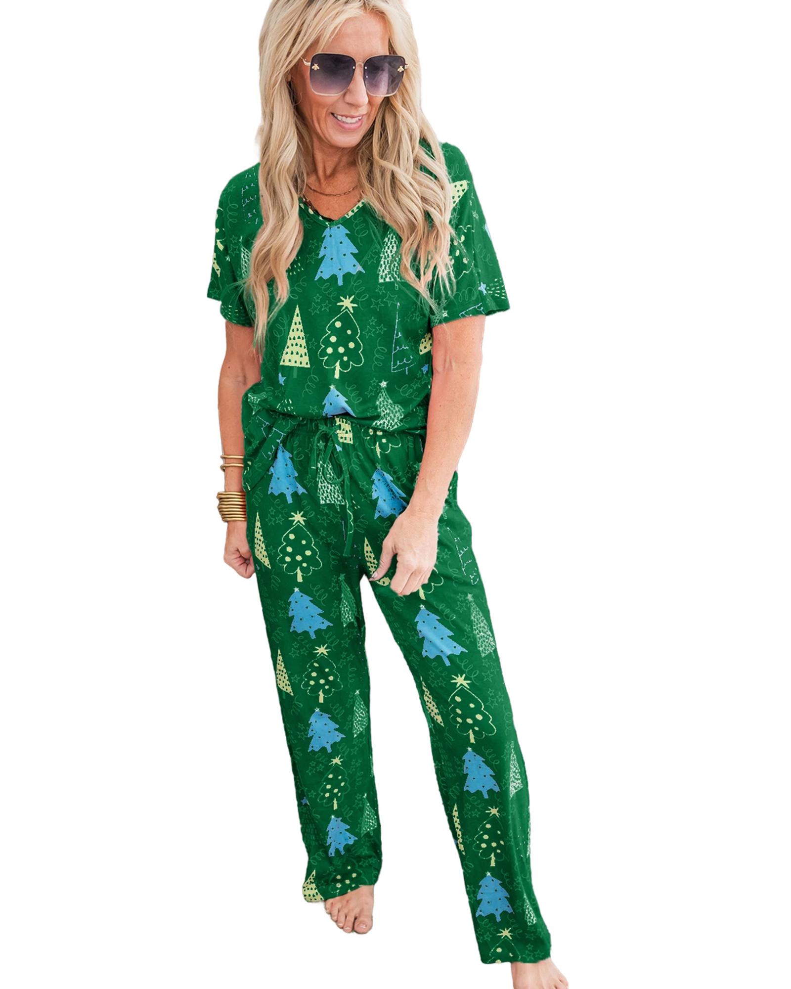 V539-AZEXDC151137-P920-S-202506120053-00 Green Christmas Tree Print V Neck Tee and Pants Lounge Set - S - Image 1