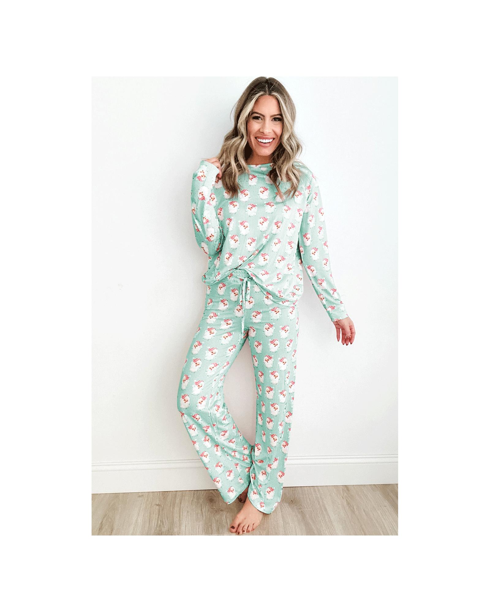 V539-AZEXDC151151-P920-S-202506120126-00 Green Santa Claus Striped Print Loose Fit Two Piece Lounge Set - S - Image 1