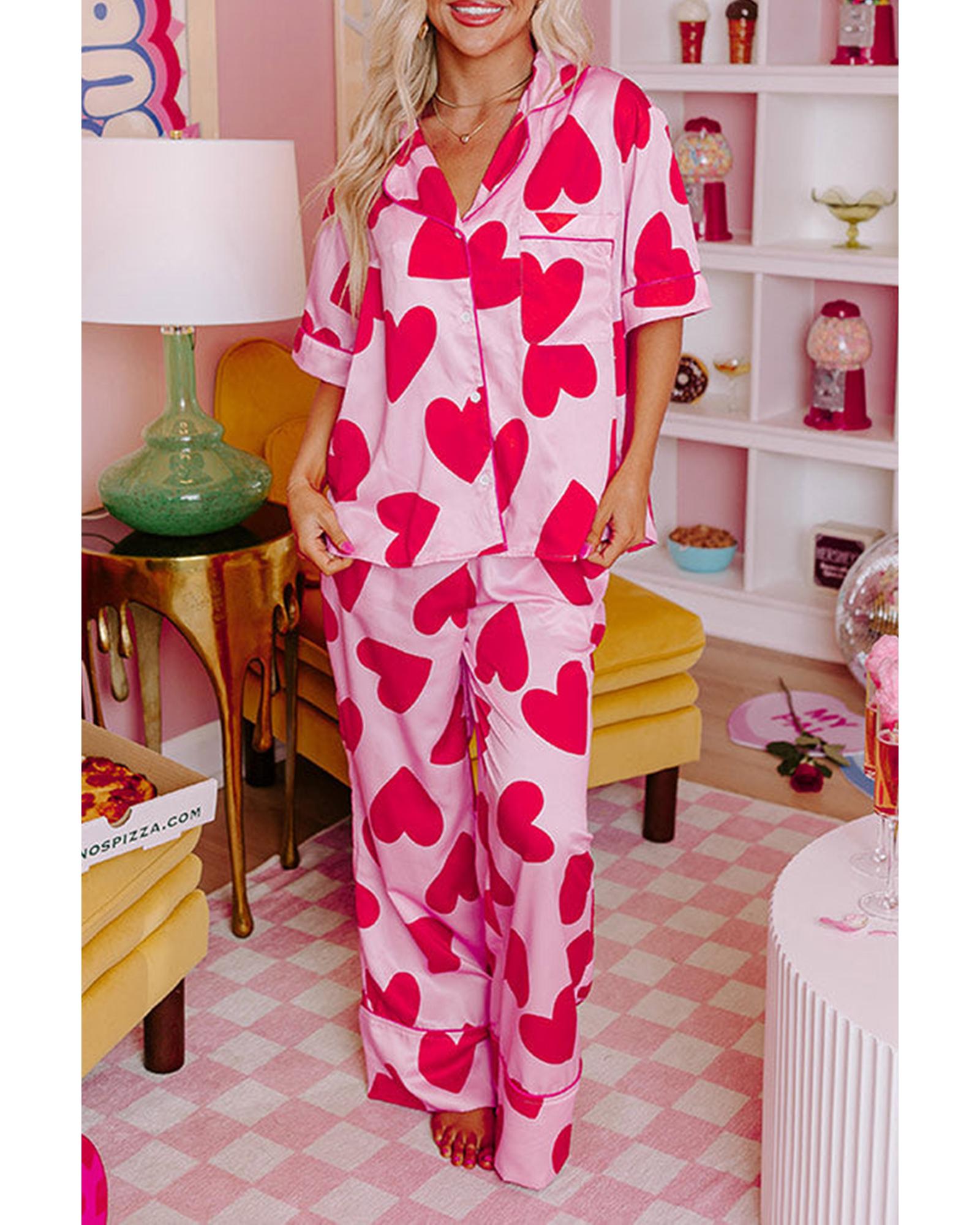 V539-AZEXDC151257-P1020-L-202506111945-00 Pink Classic Heart Valentines Short Sleeve Pants Pajamas Set - L - Image 1