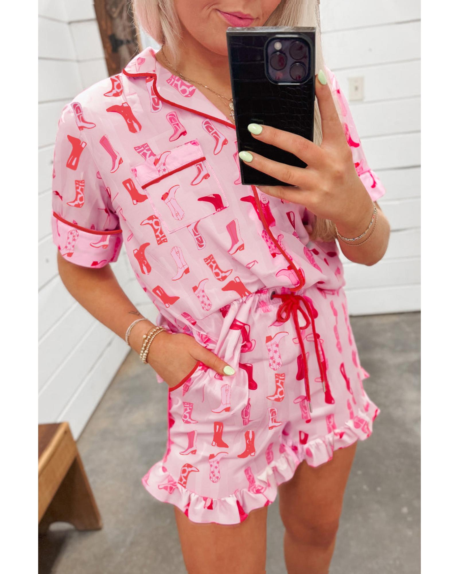 V539-AZEXDC151319-P1020-XL-202508270935-00 Pink Western Cowgirl Boots Printed Shirt Ruffled Shorts Pajama Set - XL - Image 1
