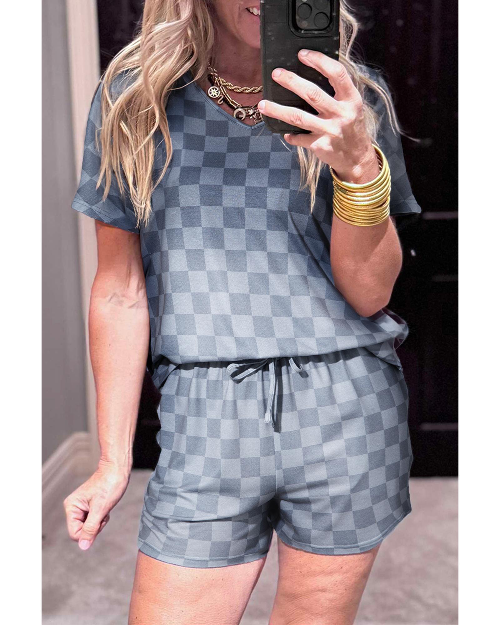 V539-AZEXDC151385-P1120-M-202508272225-00 Gray Checkered V Neck Tee Drawstring Shorts Lounge Set - M - Image 1