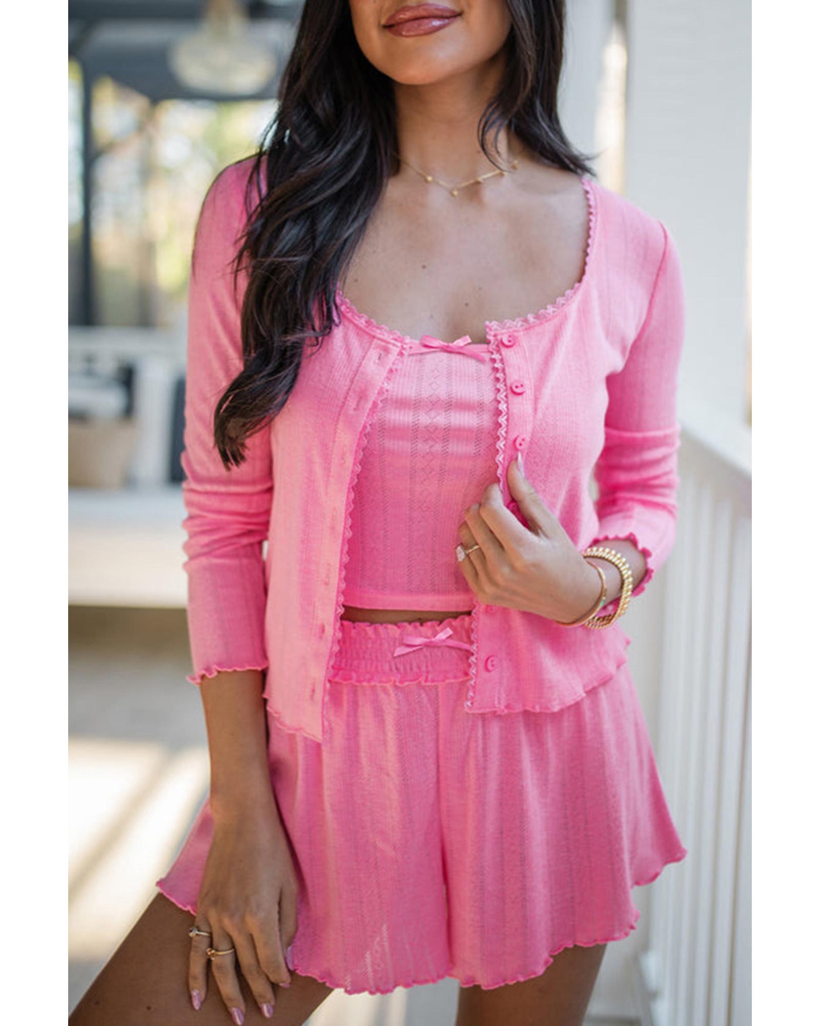 V539-AZEXDC151407-P3010-S-202506112205-00 Bonbon Delicate Texture Cropped Cami Shorts and Cardigan 3pcs Lounge Set - S - Image 1