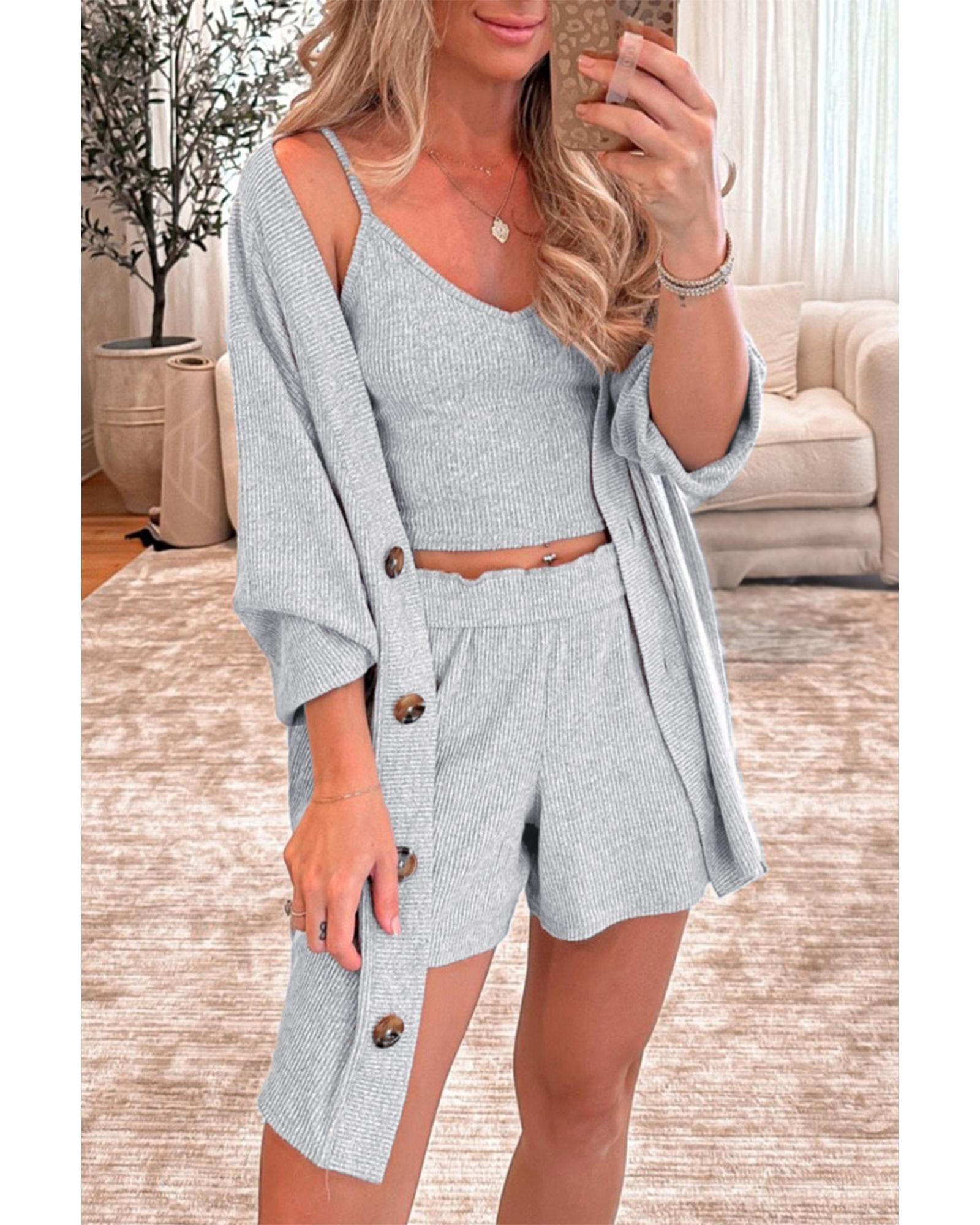 V539-AZEXDC151427-P1011-M-202508271520-00 Light Grey 3 Pieces Rib Crop Camisole Matching Shorts Lounge Set with Cardigan - M - Image 1