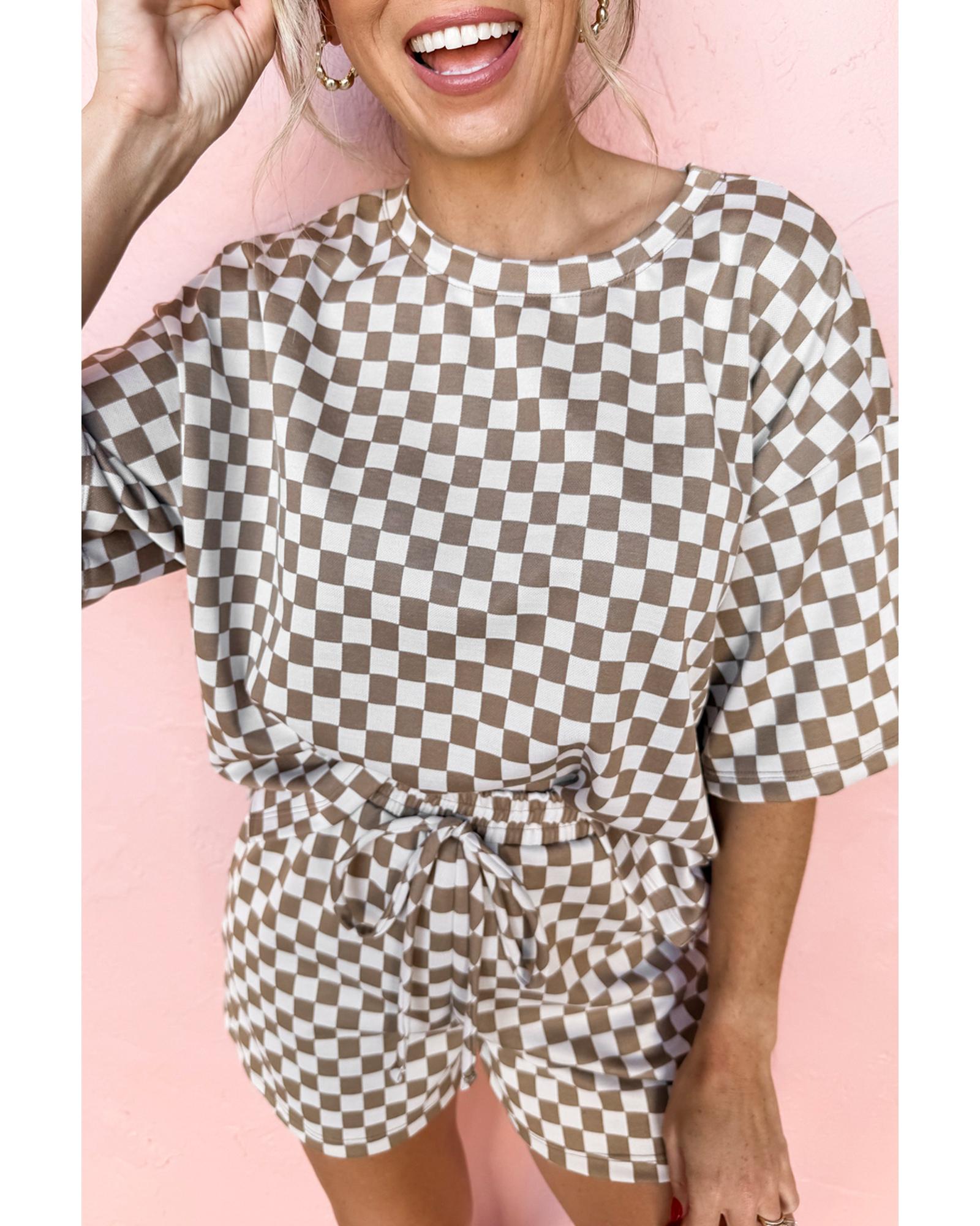 V539-AZEXDC151440-P1720-XL-202506112245-00 Brown Checkered Top and Short Casual 2pcs Set - XL - Image 1