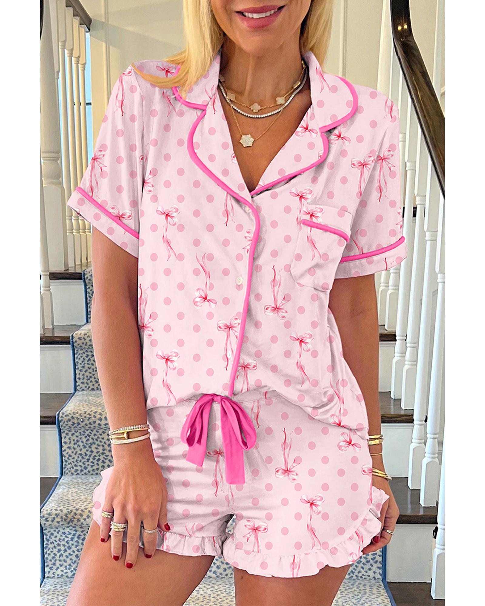 V539-AZEXDC151494-P1020-L-202508272330-00 Pink Bow Print Contrast Pipping Short Pajamas Set - L - Image 1