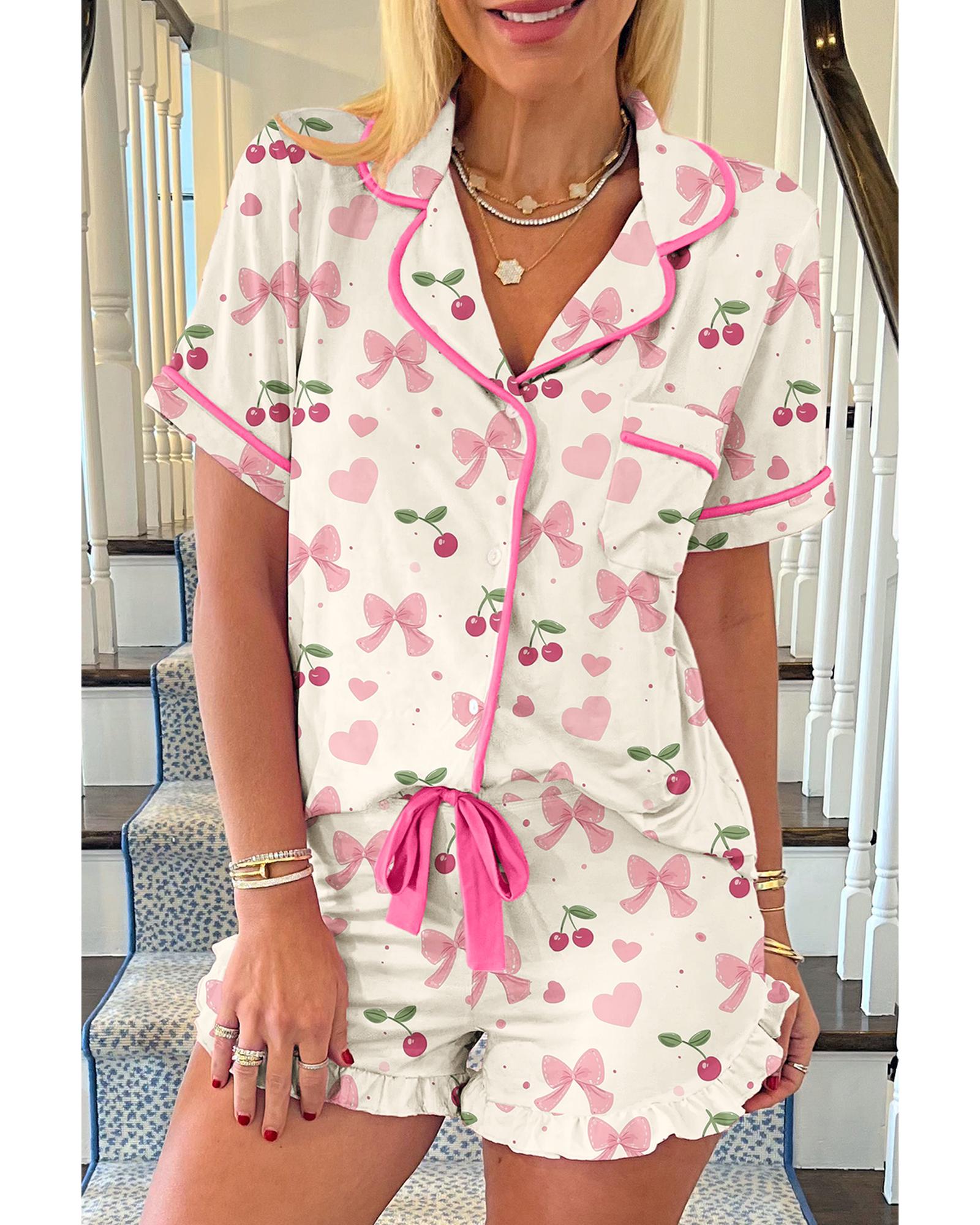 V539-AZEXDC151494-P1520-S-202506112320-00 Beige Bow Fruit Print Contrast Pipping Short Pajamas Set - S - Image 1
