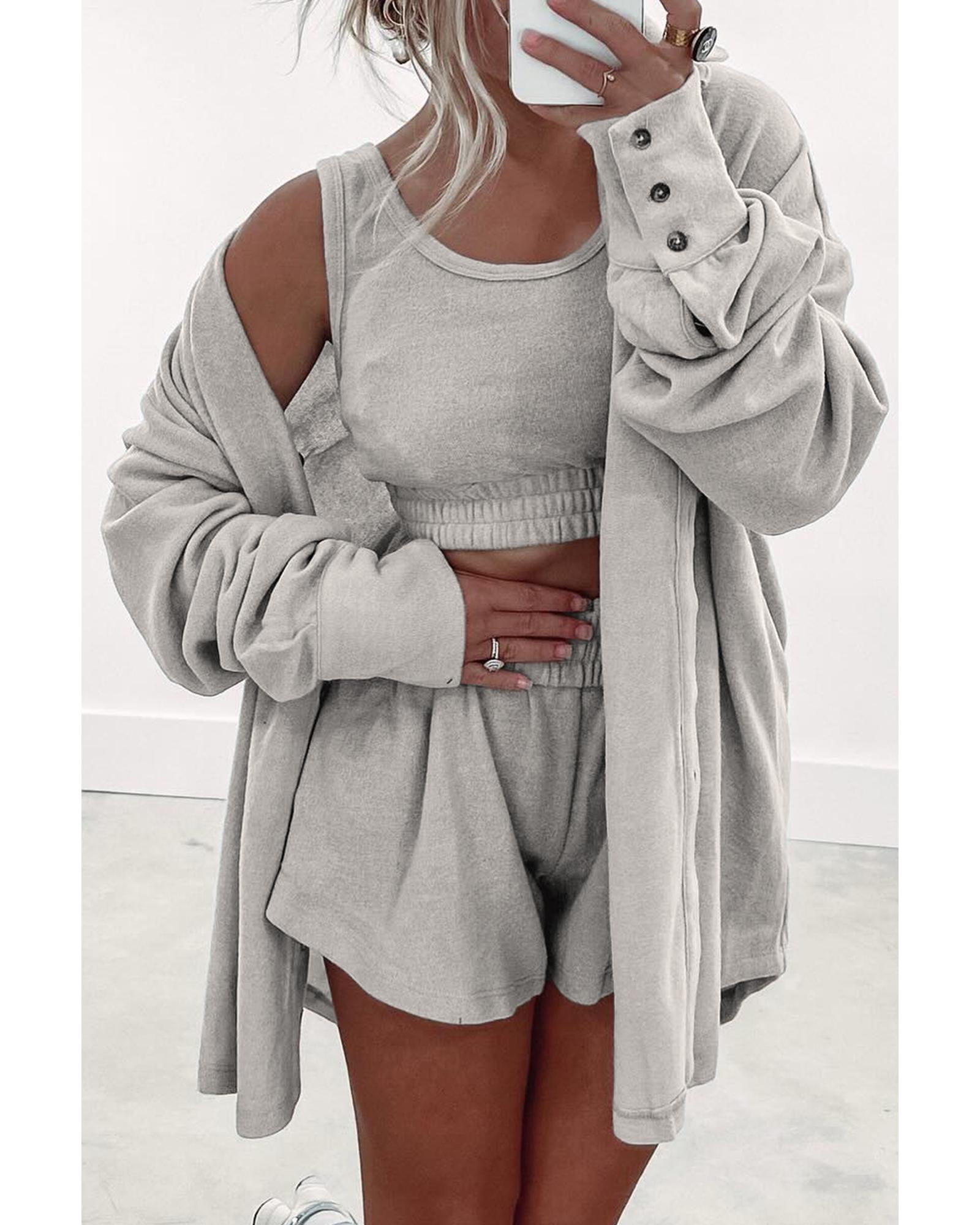 V539-AZEXDC151503-P11-L-202508271150-00 Gray 3 Pcs Crop Tank Top Shorts with Cardigan Lounge Set - L - Image 1