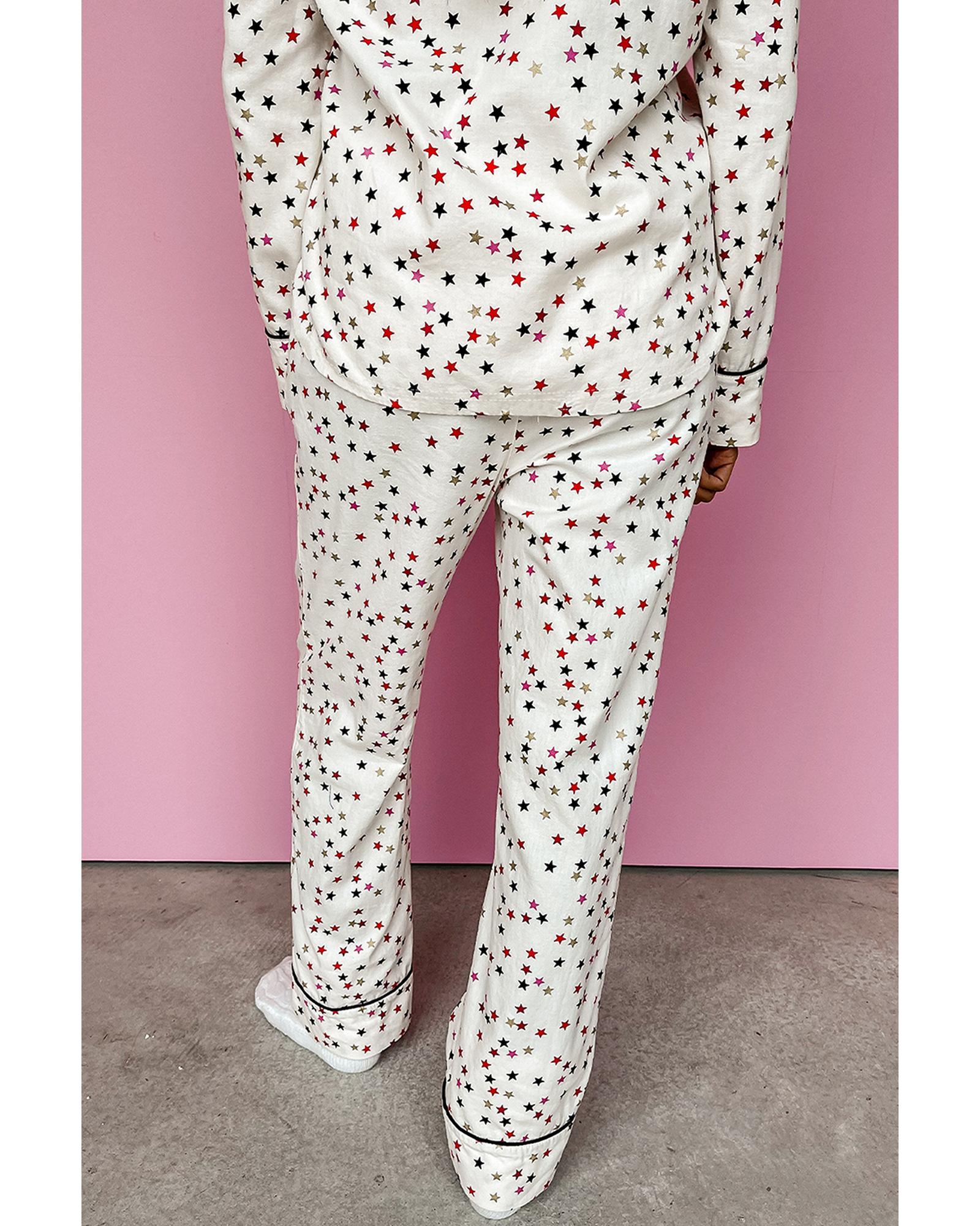 V539-AZEXDC15820-P1-XL-202508270615-00 White Contrast Pipping Star Long Sleeve and Pants Pajamas Set - XL - Image 1
