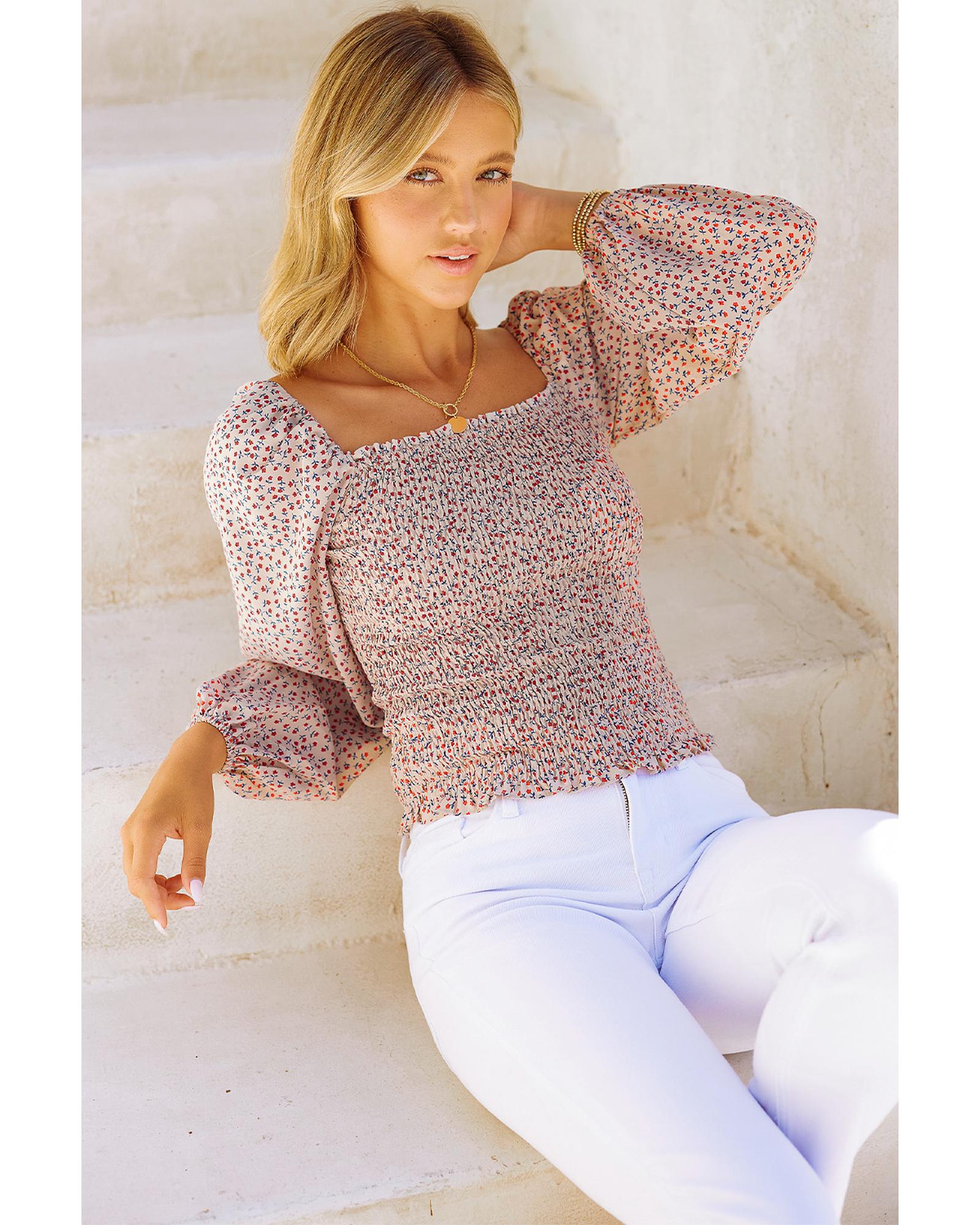 V539-AZEXDC25112329-18-2XL-202508251840-00 Azura Exchange Puff Sleeve Floral Smocked Top - 2XL - Image 1