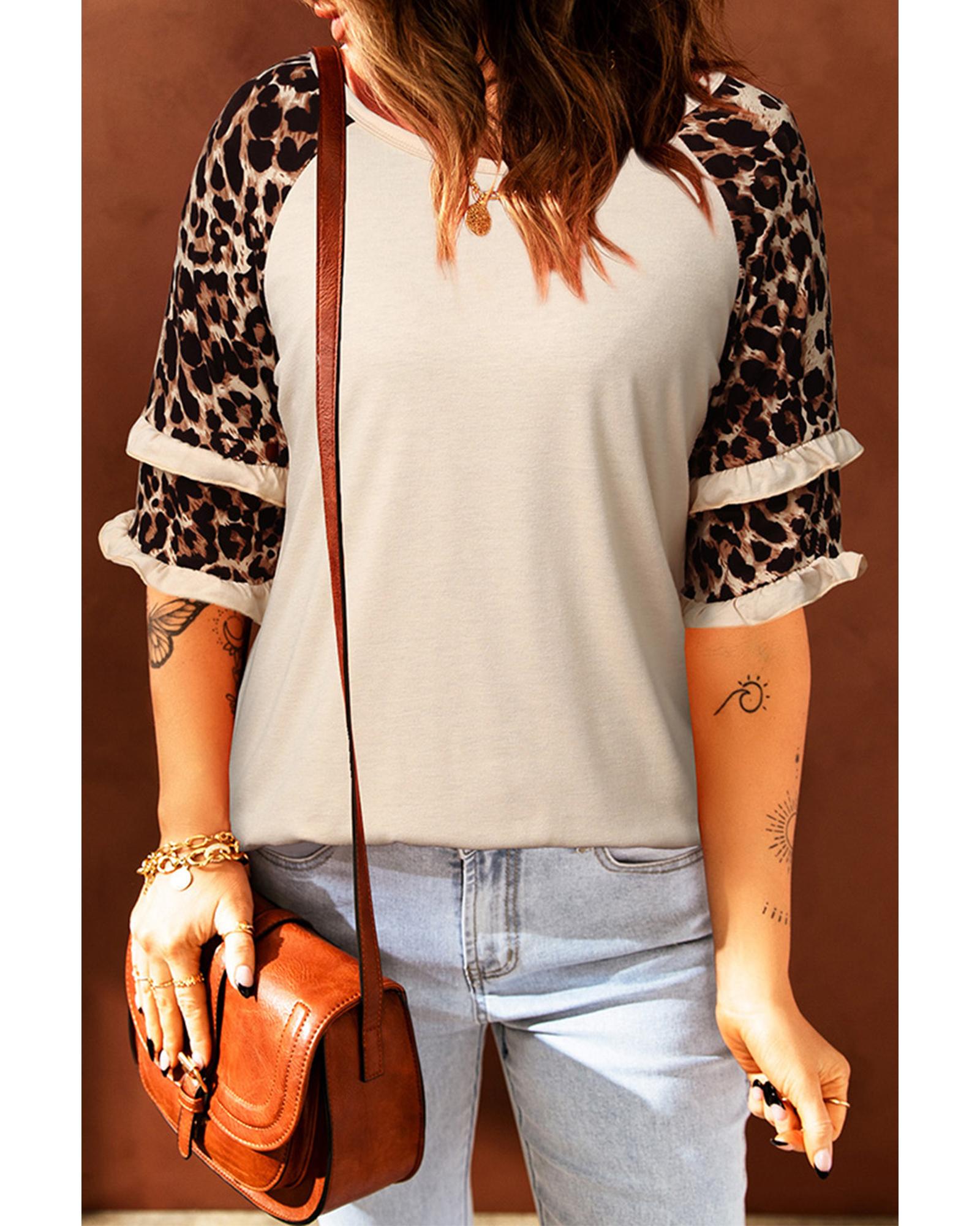 V539-AZEXDC25113271-18-S-163927-00 Azura Exchange Leopard Patchwork Ruffled Sleeve Top - S - Image 1