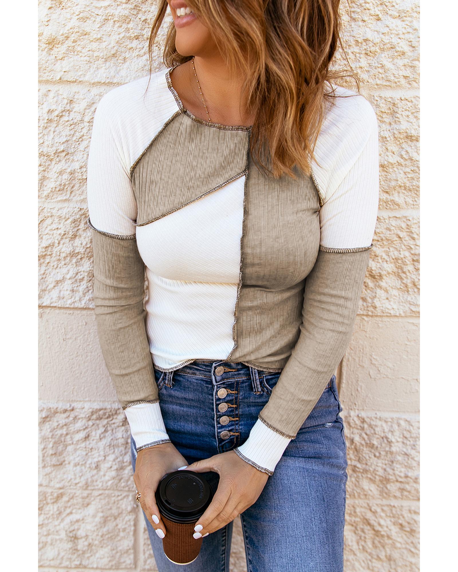 V539-AZEXDC25115248-1-M-202508270050-00 Azura Exchange Color Block Rib Knit Top - M - Image 1