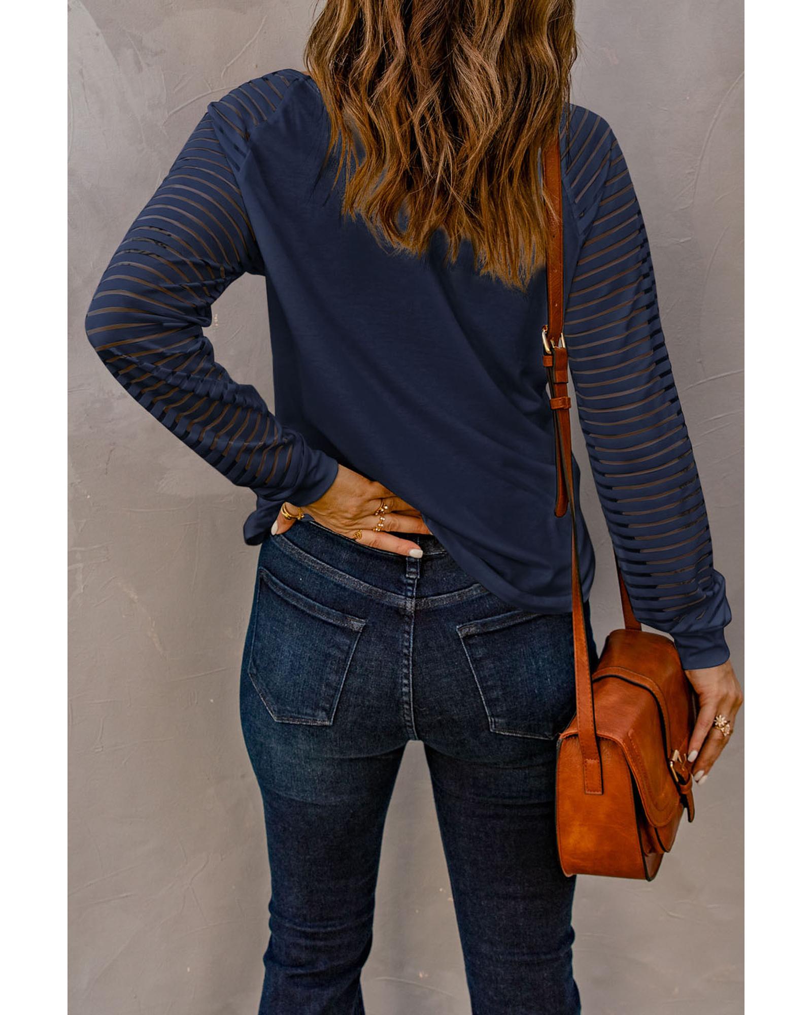 V539-AZEXDC2511547-5-L-202506112136-00 Blue Sheer Stripe V-Neck Top - L - Image 1