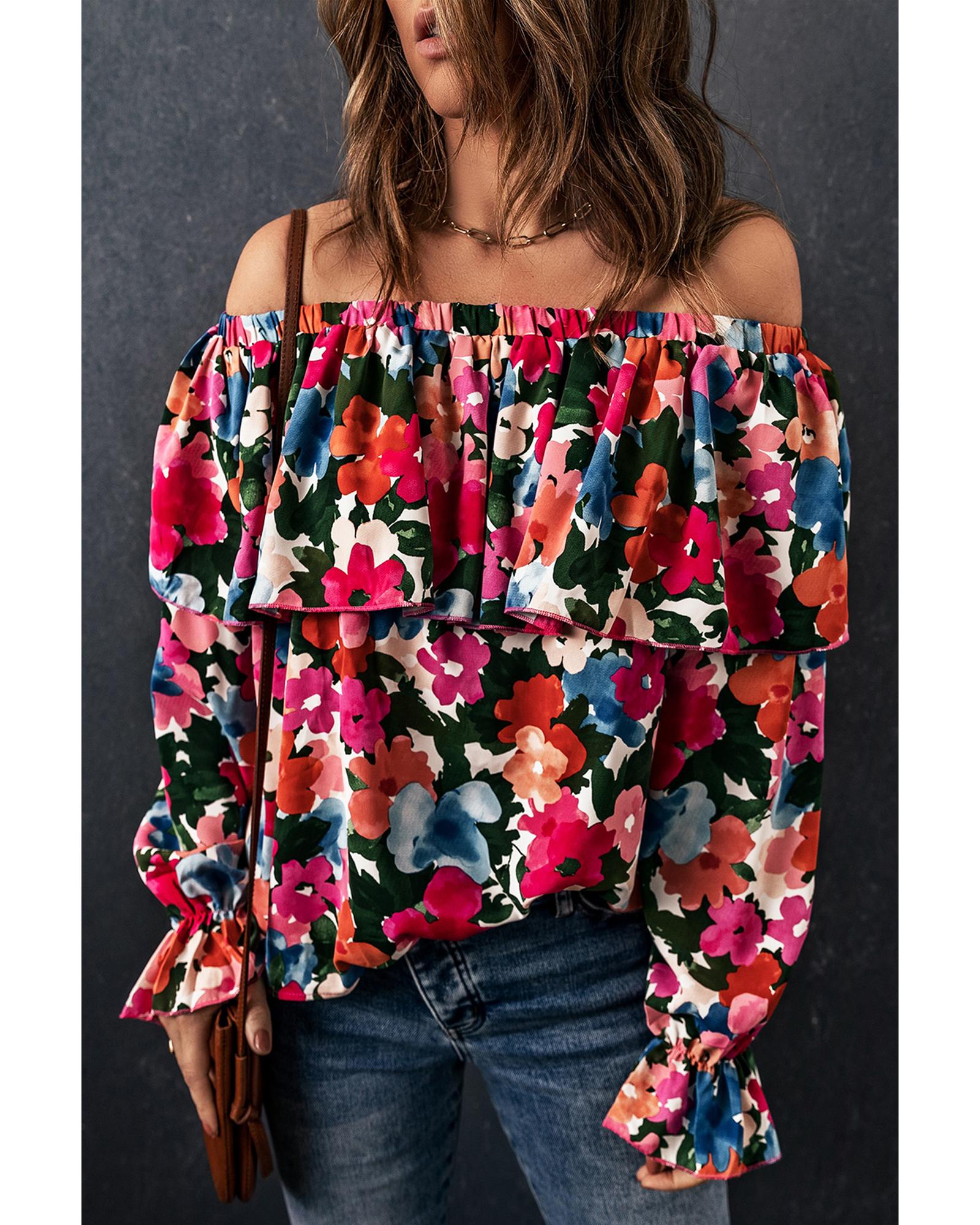 V539-AZEXDC25115744-22-S-163841-00 Azura Exchange Floral Print Off Shoulder Blouse - S - Image 1