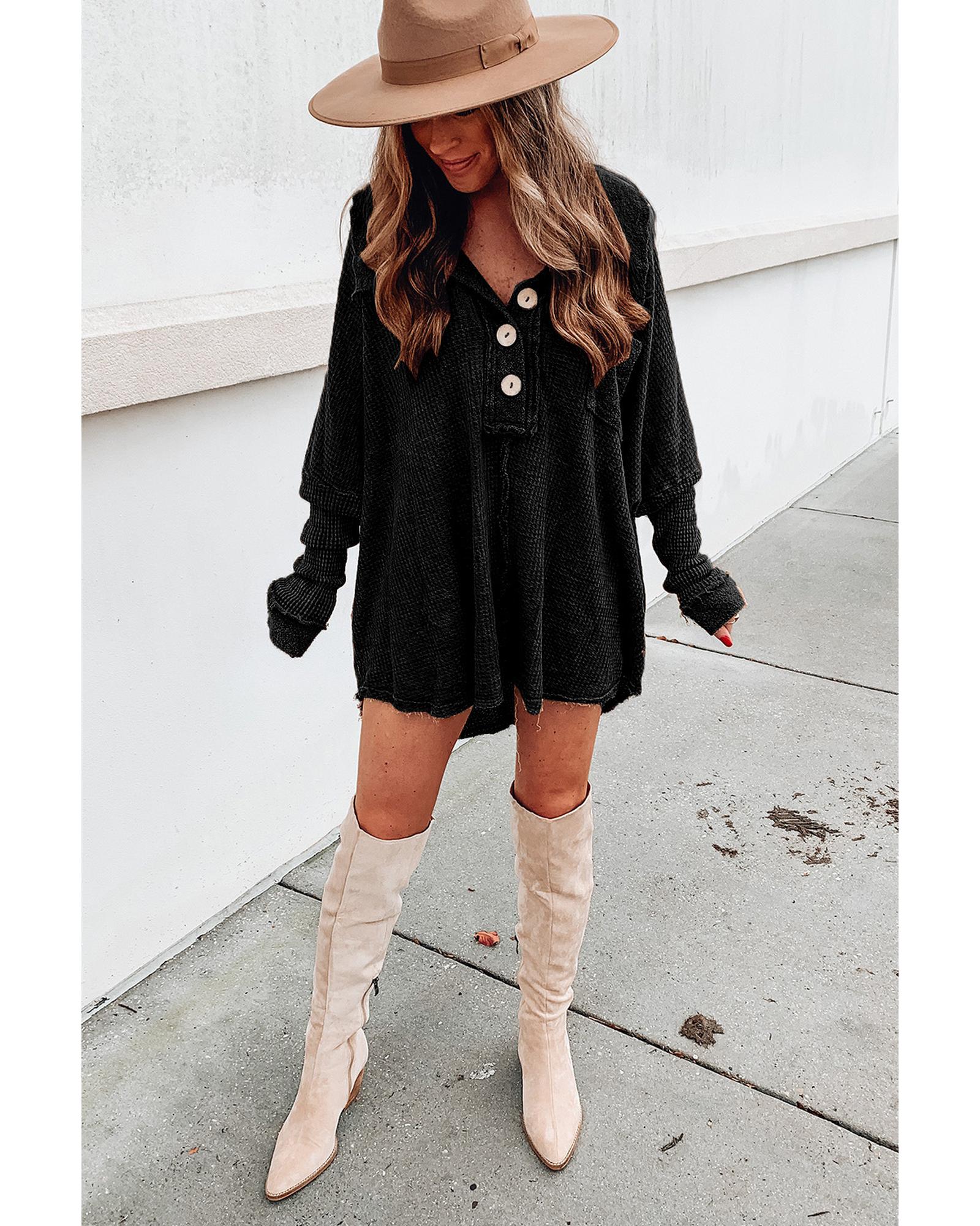 V539-AZEXDC25116605-2-S-202508260115-00 Azura Exchange Buttoned Waffle Knit Long Sleeve Top - S - Image 1