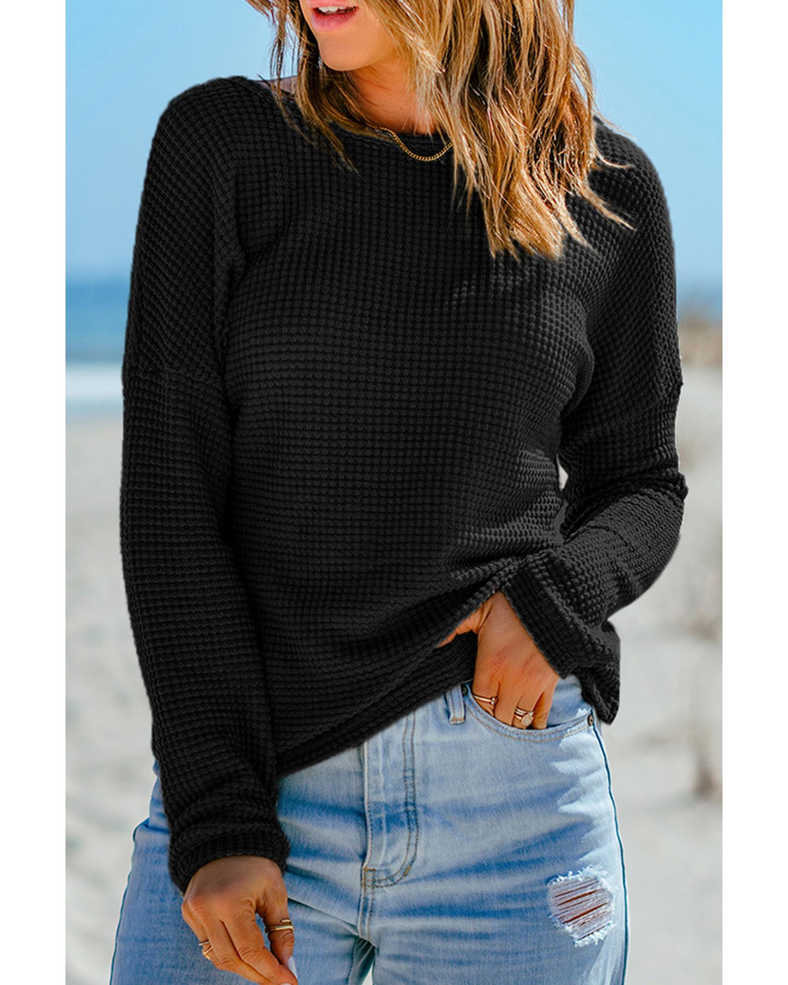 V539-AZEXDC25117020-P2-L-202506112141-00 Black Waffle Knit Drop Shoulder Long Sleeve Top - L - Image 1