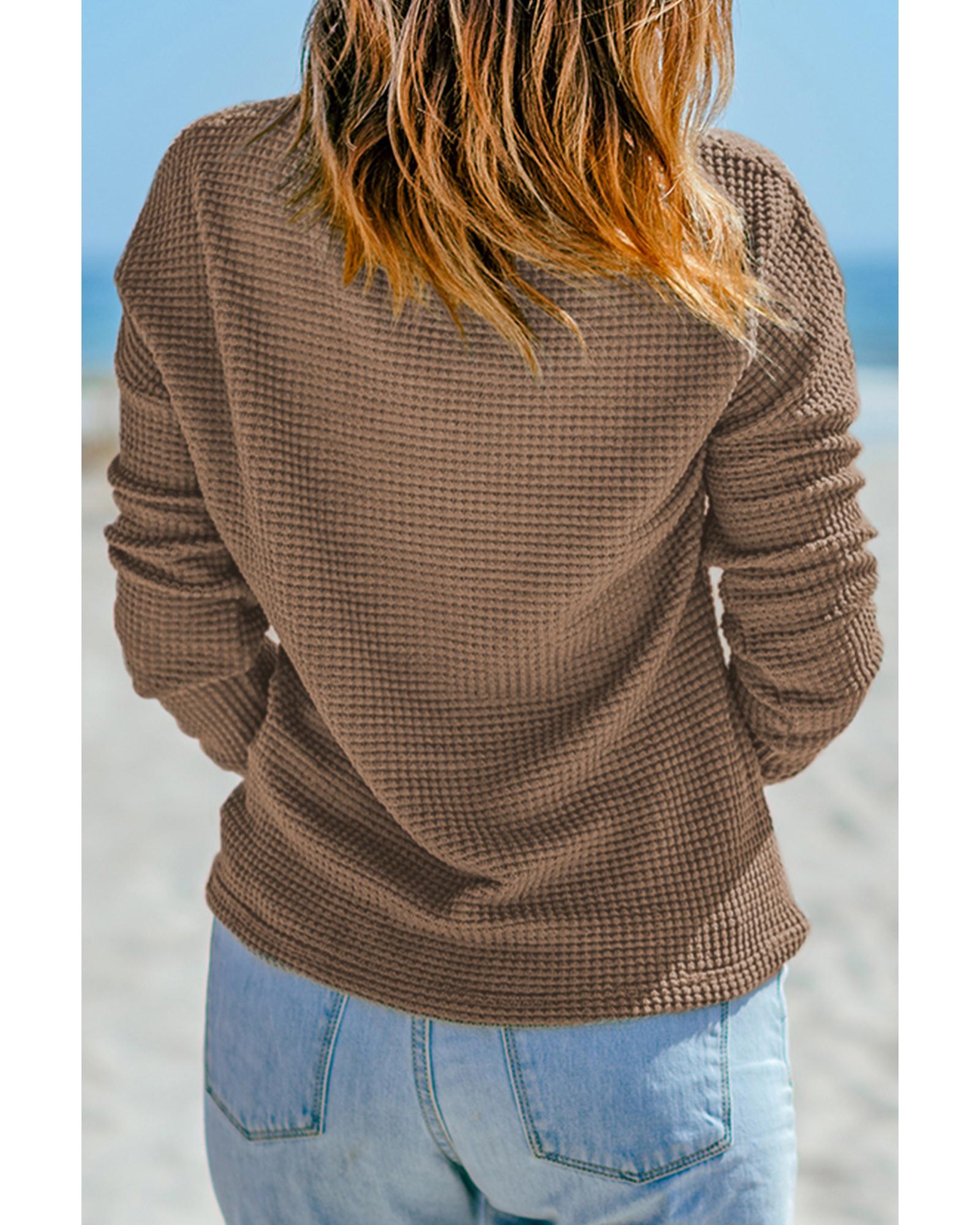 V539-AZEXDC25117020-P5017-M-202508270515-00 Dark Brown Waffle Knit Drop Shoulder Long Sleeve Top - M - Image 1
