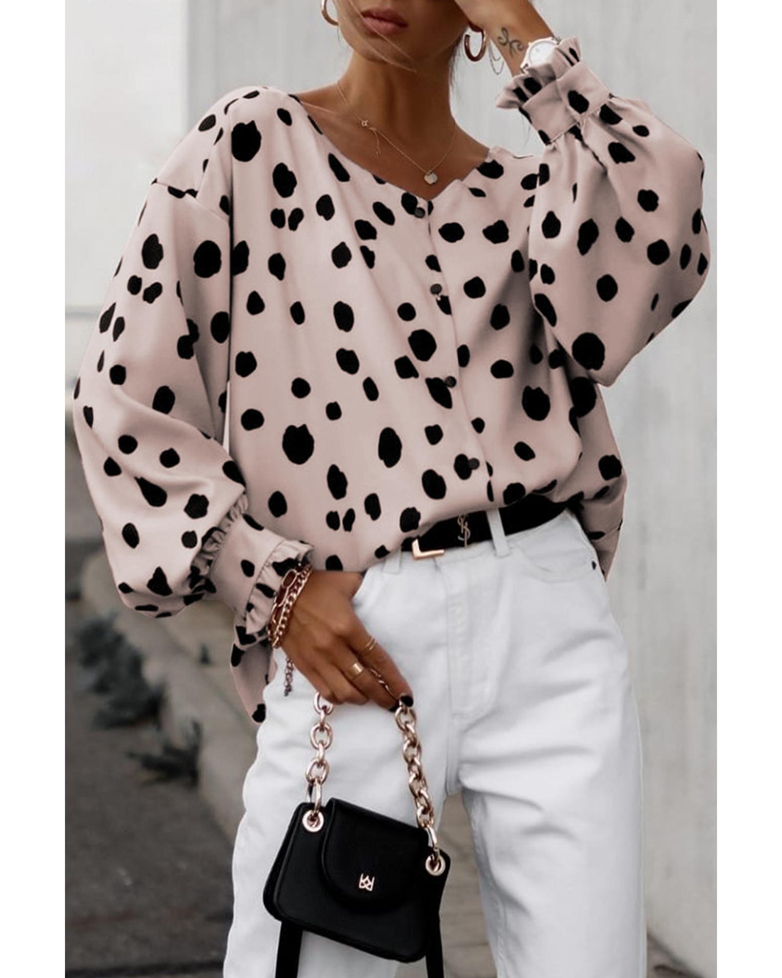 V539-AZEXDC25118217-10-S-163538-00 Azura Exchange Oversize Puff Sleeve Blouse with Button Frill Cuffs - S - Image 1