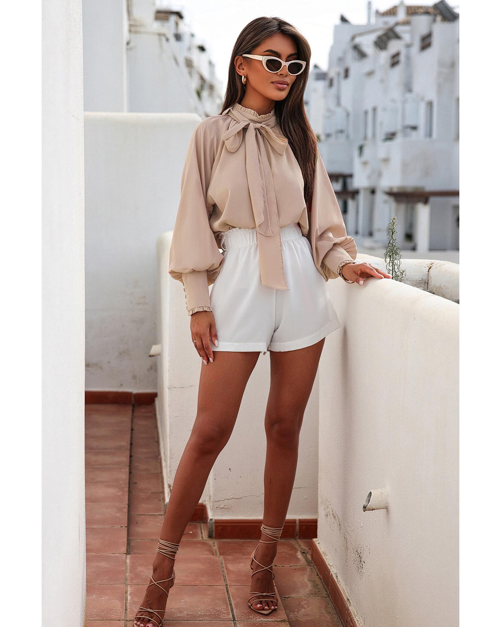 V539-AZEXDC25118865-16-XL-202508251620-00 Azura Exchange Khaki Frilled Knotted Blouse with Bishop Sleeves - XL - Image 1