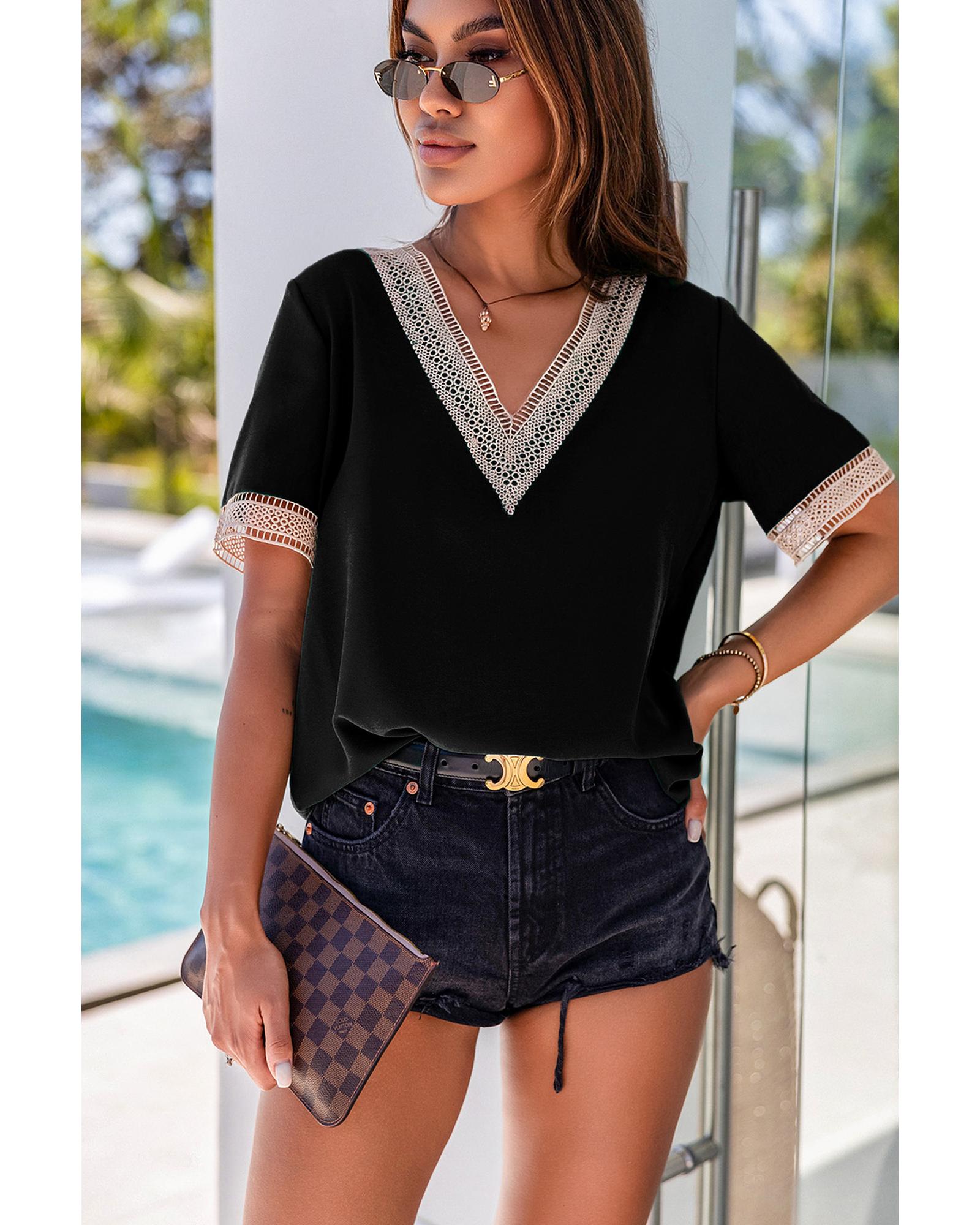 V539-AZEXDC25118904-2-S-165868-00 Azura Exchange V-Neck Short Sleeve Blouse with Lace Trim - S - Image 1