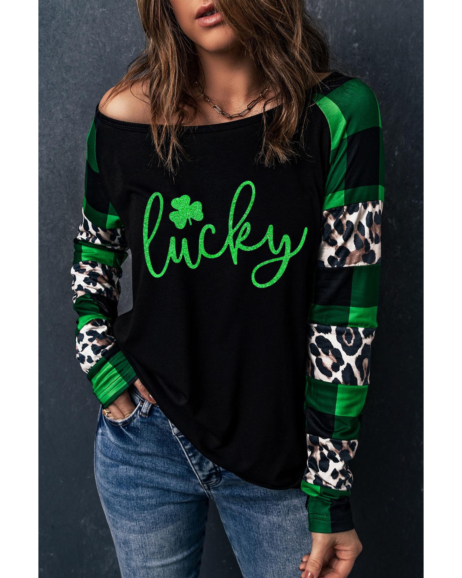 V539-AZEXDC25119945-9-L-202508260825-00 Azura Exchange Lucky Clover Glitter Pattern Leopard Plaid Top - L - Image 1