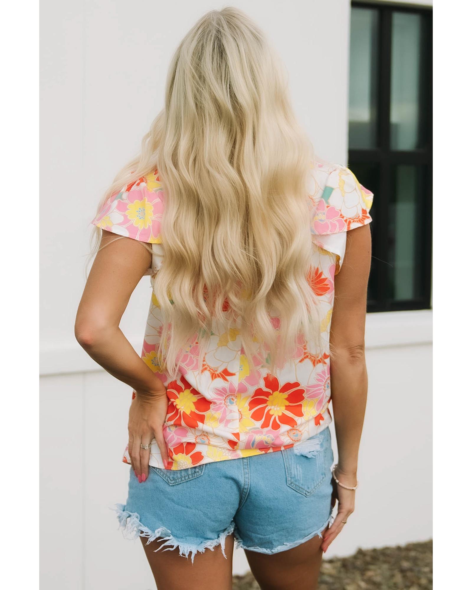 V539-AZEXDC25120033-22-S-202508260210-00 Azura Exchange Floral Flutter Sleeves Stand Collar Top - S - Image 1