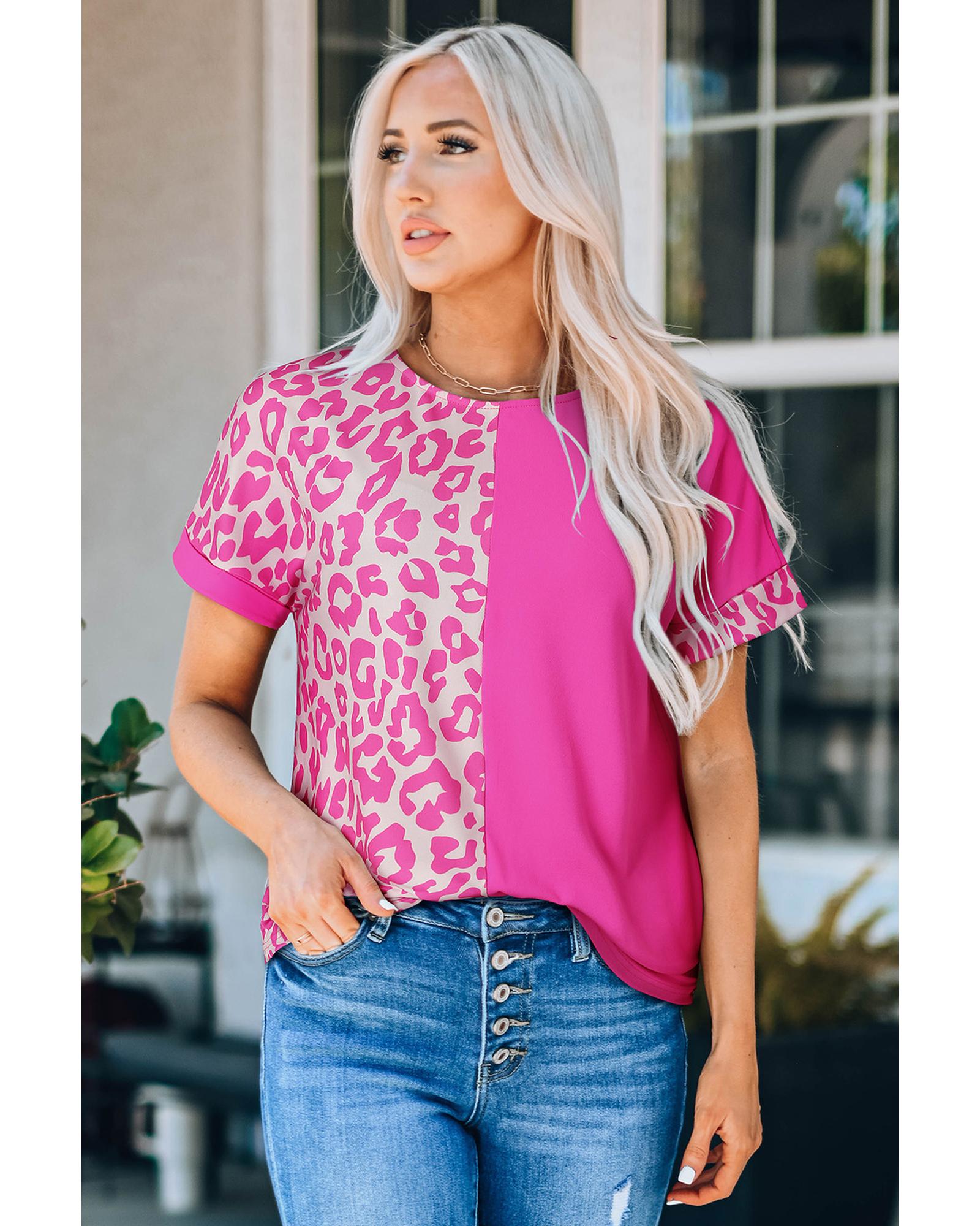 V539-AZEXDC25120368-6-L-202508260000-00 Azura Exchange Leopard Patchwork Short Sleeves Top - L - Image 1