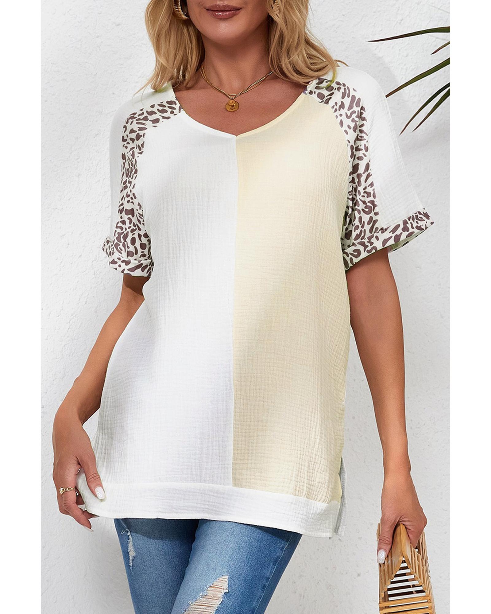 V539-AZEXDC25120420-1-S-166160-00 Azura Exchange Patchwork Leopard Trim Blouse - S - Image 1