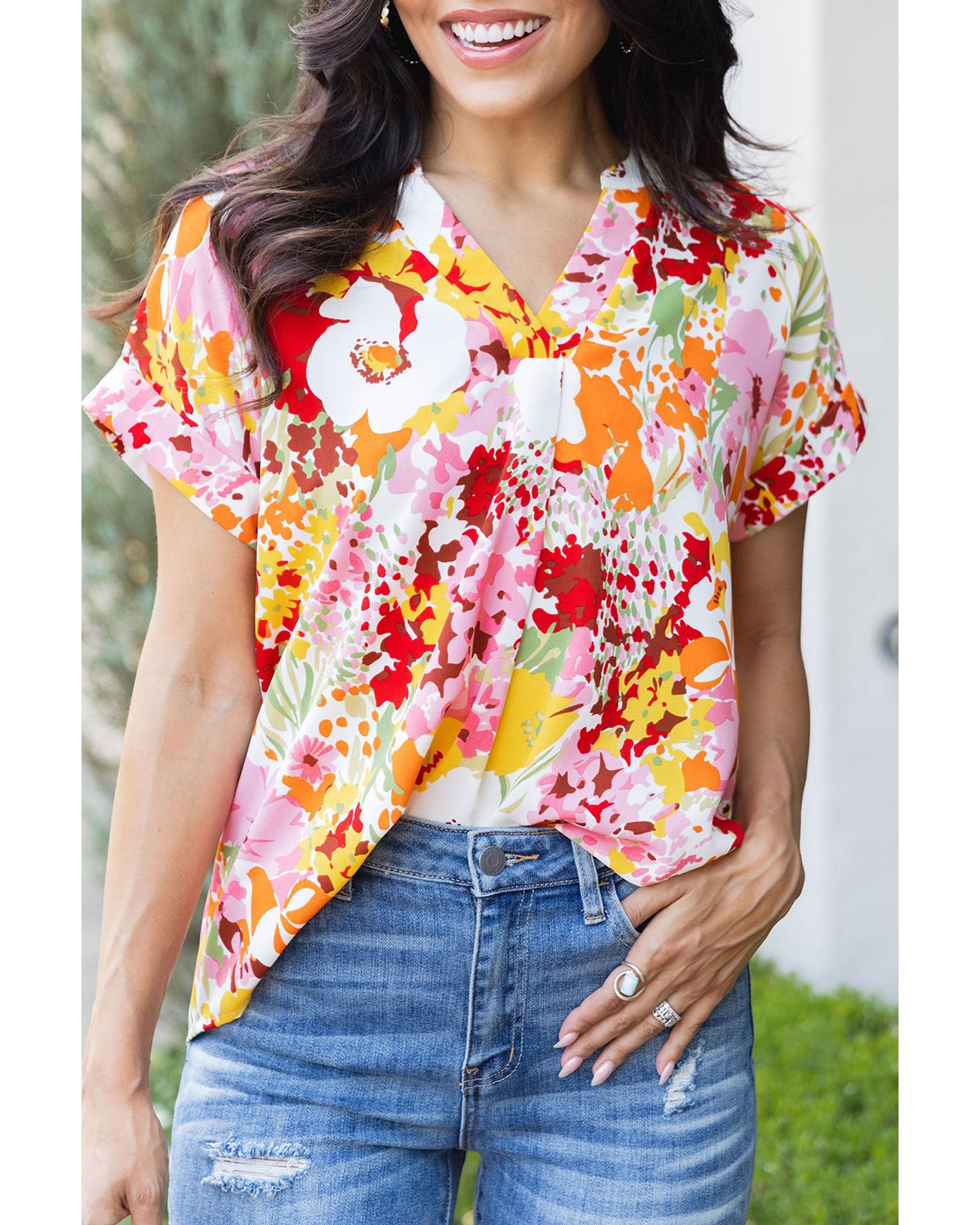 V539-AZEXDC25120445-1-XL-202508261045-00 Azura Exchange Floral Print V Neck Short Sleeves Top - XL - Image 1