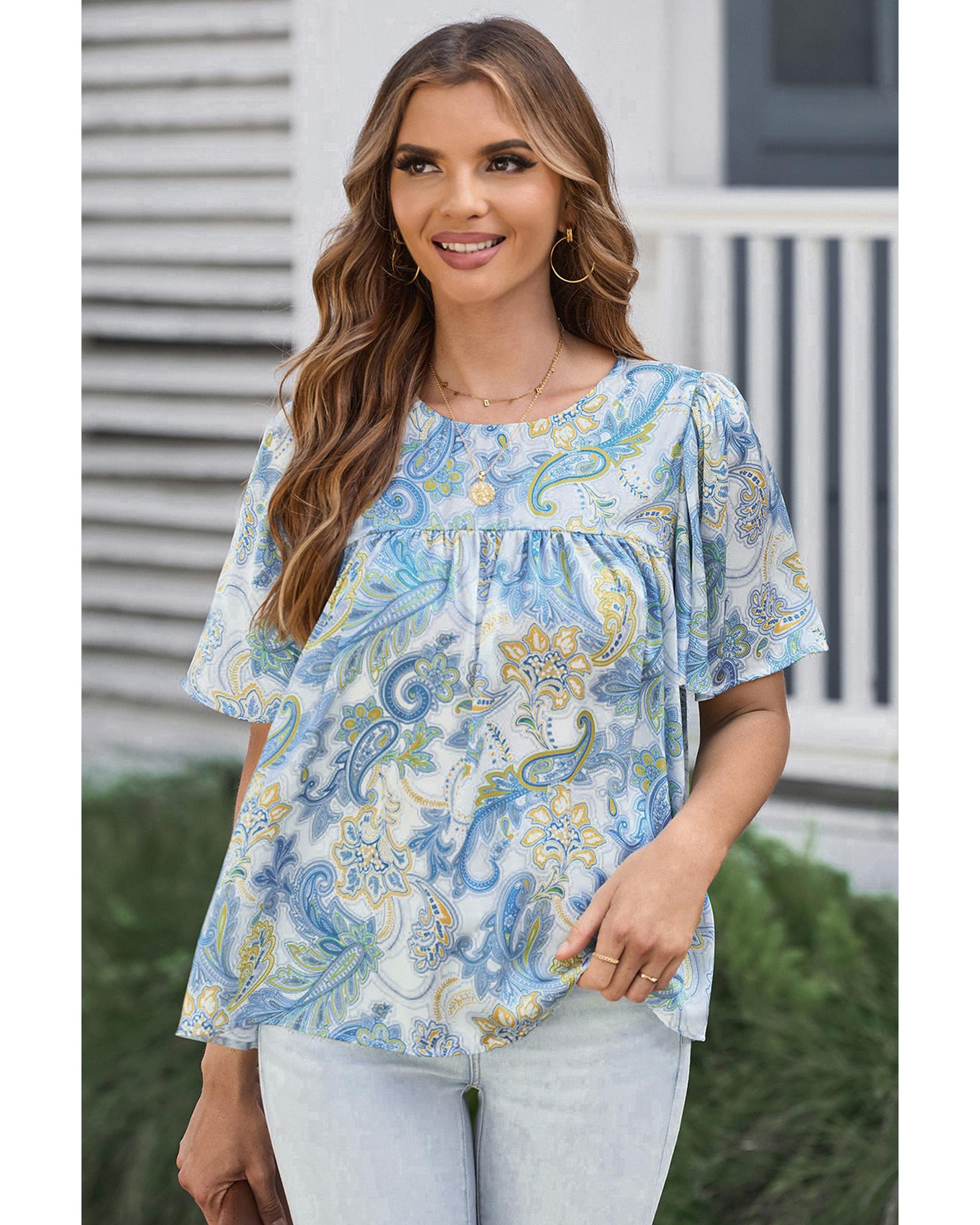 V539-AZEXDC25120595-4-M-202508270015-00 Azura Exchange Paisley Print Wide Sleeves Blouse - M - Image 1