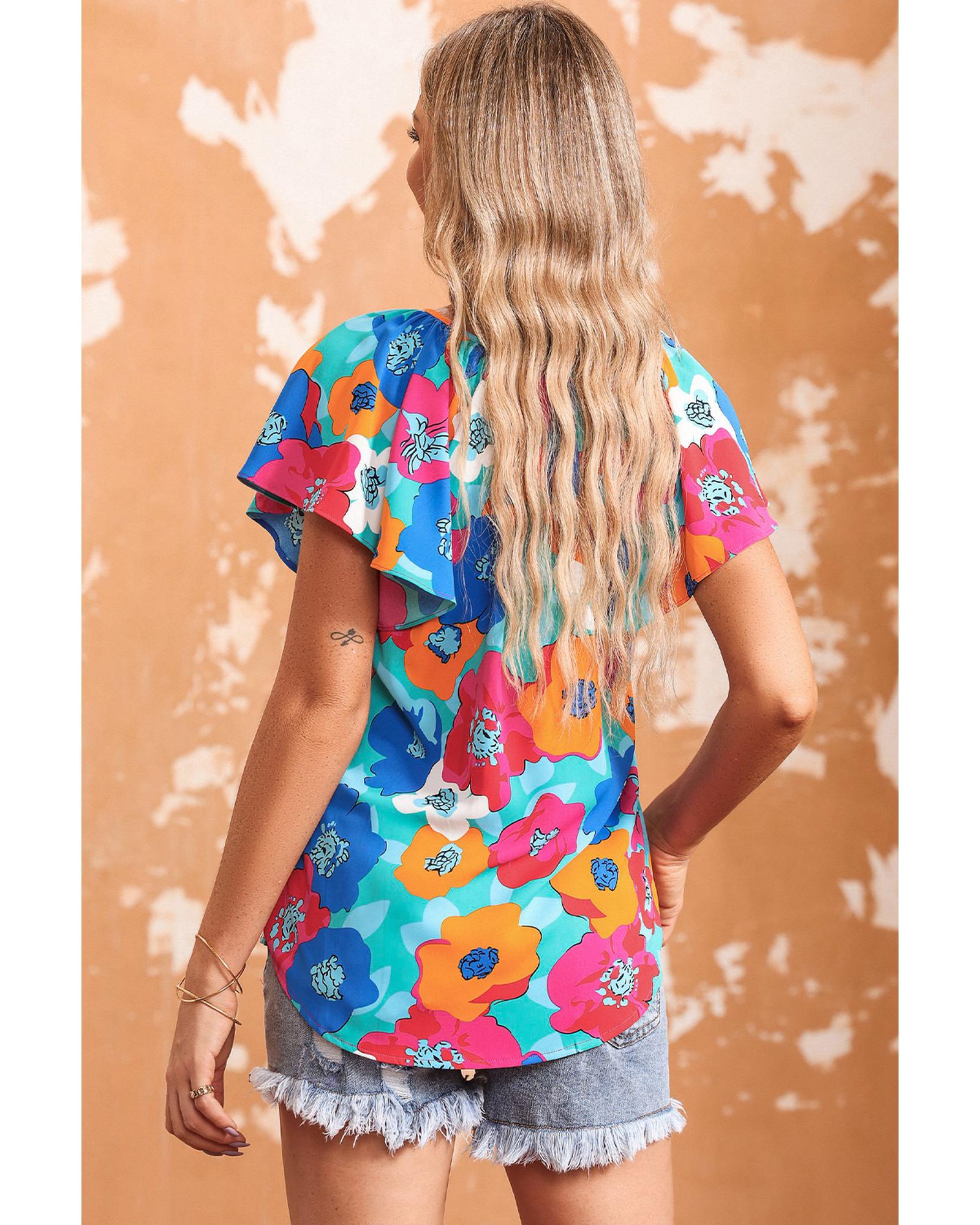 V539-AZEXDC25120894-22-M-202508260725-00 Azura Exchange Floral Print Drawstring V Neck Short Sleeve Blouse - M - Image 1