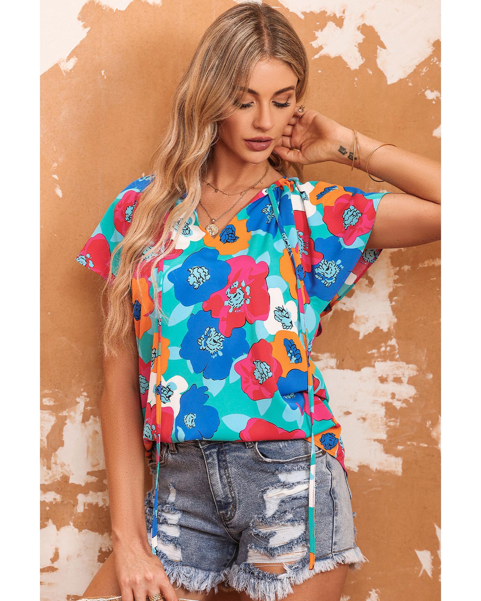 V539-AZEXDC25120894-22-S-202508260755-00 Azura Exchange Floral Print Drawstring V Neck Short Sleeve Blouse - S - Image 1