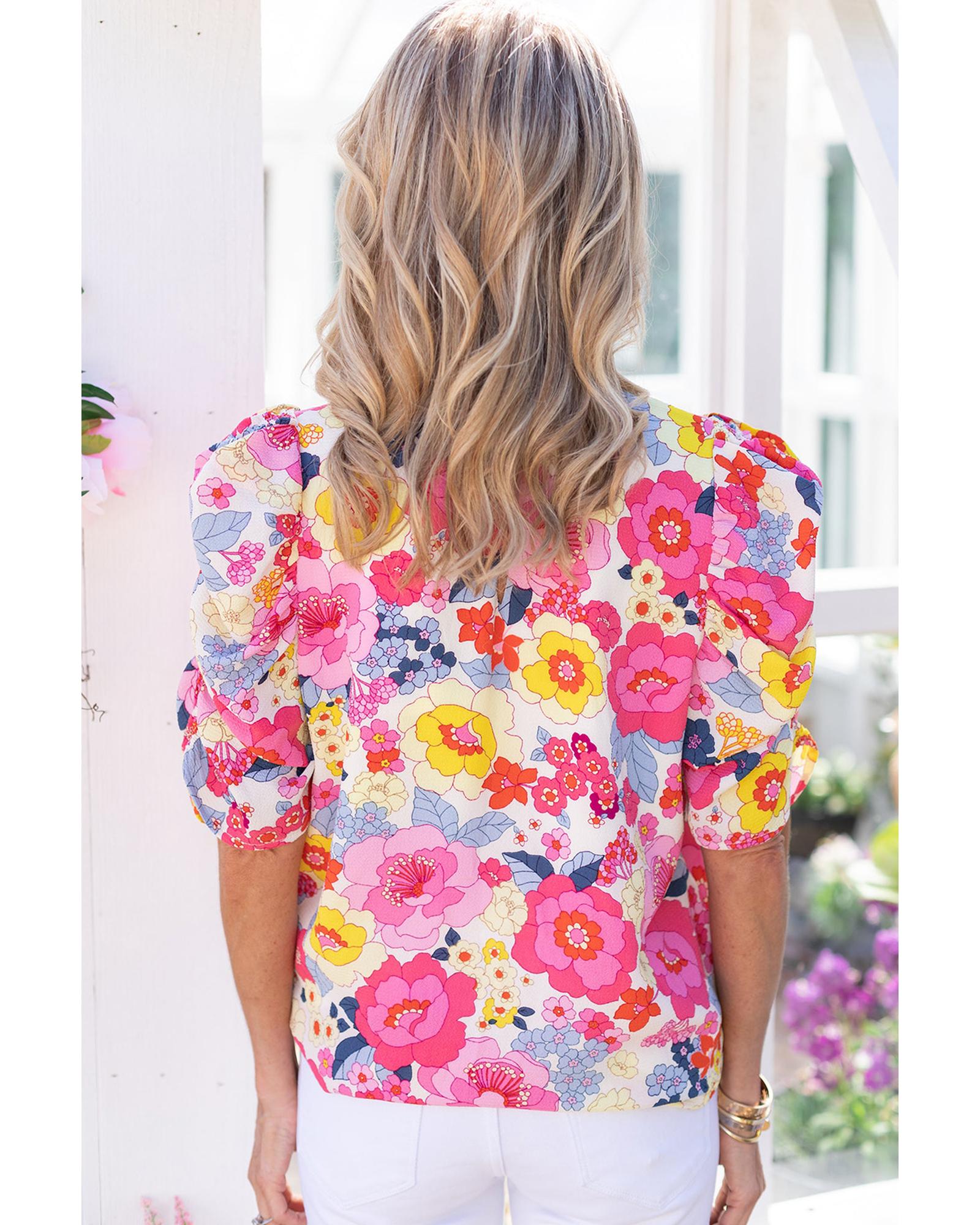 V539-AZEXDC25121131-3-S-202508261055-00 Azura Exchange Floral Ruched Puff Sleeve Blouse - S - Image 1