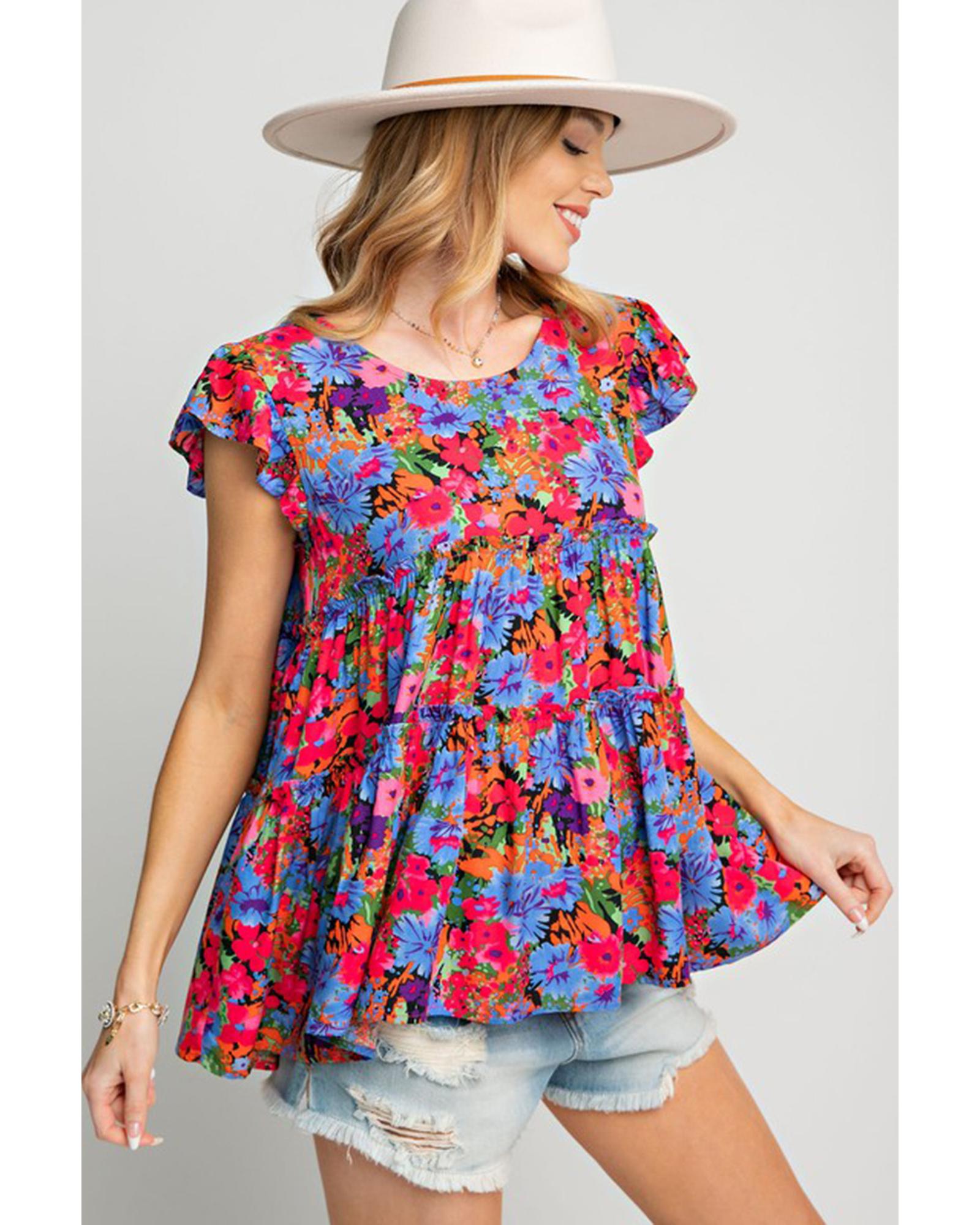 V539-AZEXDC25121259-22-XL-202508251840-00 Azura Exchange Floral Print Ruffle Tiered Short Sleeve Babydoll Top - XL - Image 1