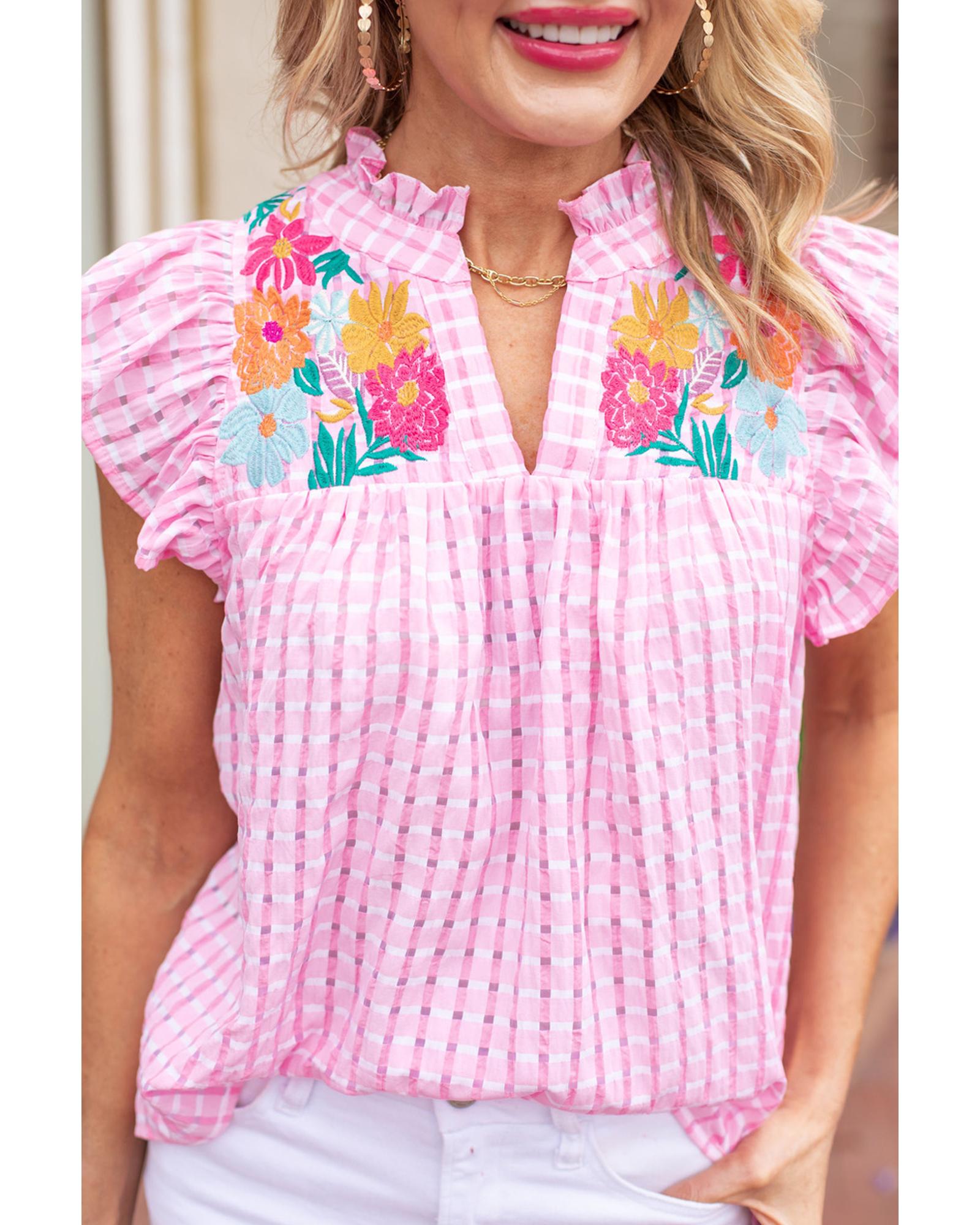 V539-AZEXDC25121346-10-L-202508270440-00 Azura Exchange Check Ruffle Sleeves Blouse with Floral Embroidery - L - Image 1